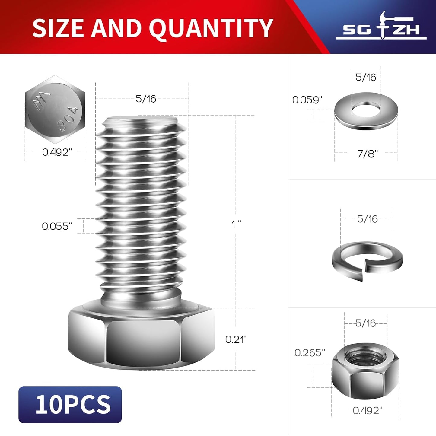 5/16-18 x 1" Hex Head Screw Bolt, Nuts, Flat & Lock Washers, 10Pcs 18-8 (304) Stainless Steel, Fully Threaded, by SG TZH