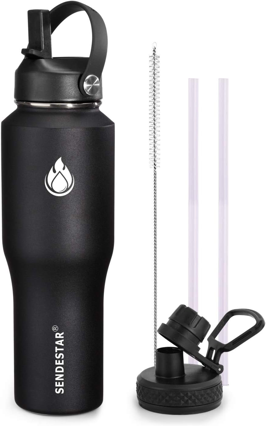 SENDESTAR Water Bottle 32oz,2 Lids(Straw lid),Wide Mouth Stainless Steel Vacuum Insulated Double Wall Keep Liquids Cold or Hot All Day,Sweat Proof Sport Design,Fit Car Cup Holder(Black)