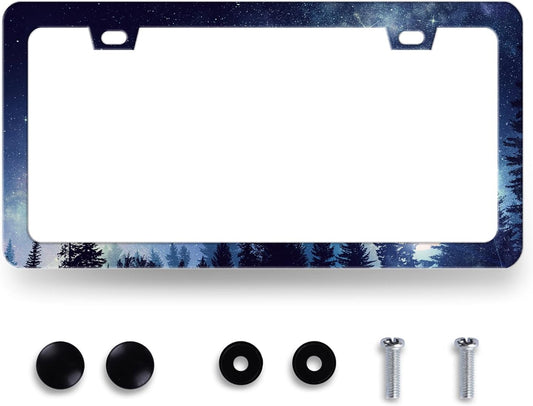 Beautiful Galaxy License Plate Frame Starry Sky Galaxy Forest License Plate Holder for Personalized Car Decorative Stainless Steel Colorful License Plate Galaxy Auto Part 12.2" x 6.2"