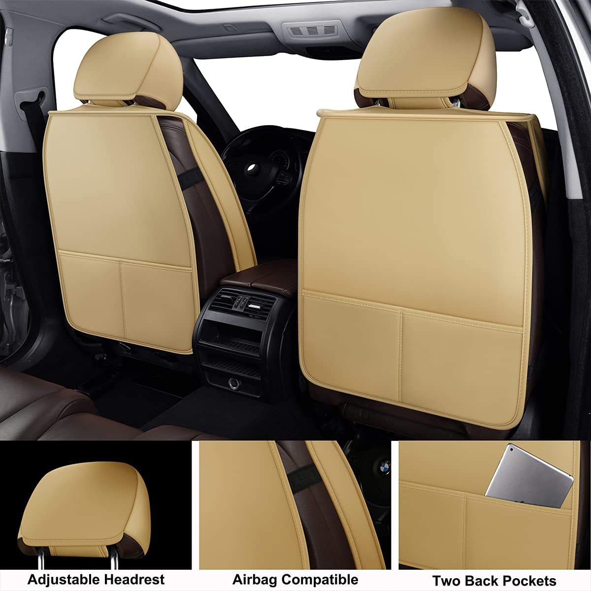 LINGVIDO Car Seat Covers, Breathable and Waterproof Faux Leather Automotive Seat Covers for Cars SUV Truck Sedan,Universal Driver Seat Cover with Backrest (Front Seat, Beige)