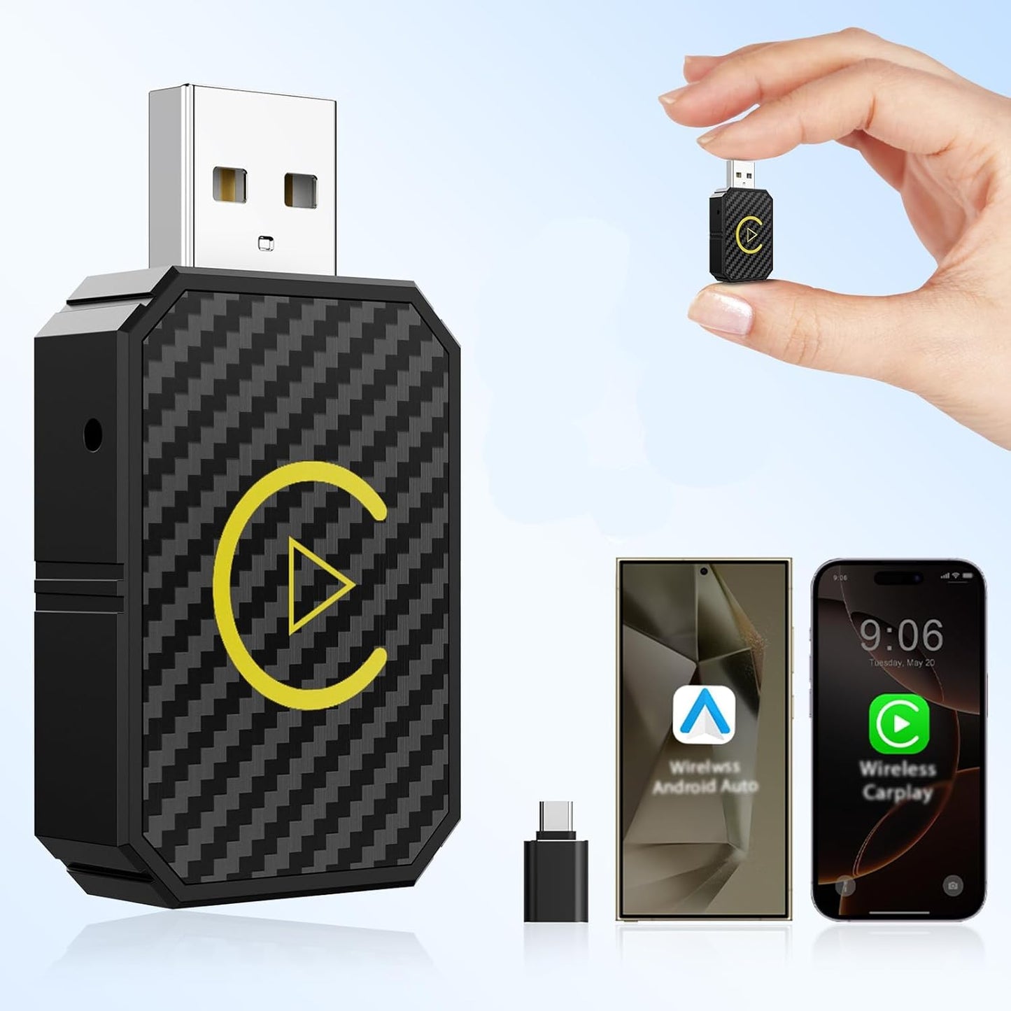 Mini Wireless CarPlay and Wireless Android Auto Adapter 2025 for iPhone/Android, Carplay Wireless Dongle Plug and Play Low Latency Converts Wired to Wireless CarPlay for Cars 2016+, USB/USB-C