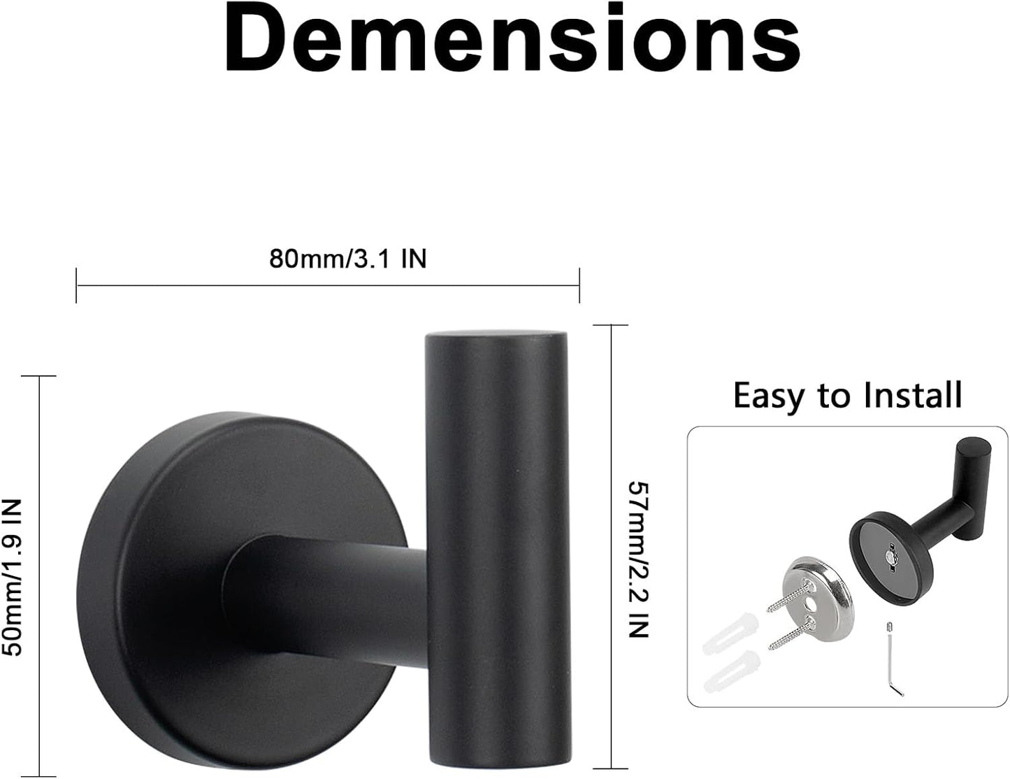NearMoon Bath Towel Hooks- SUS 304 Stainless Steel Robe Hook Holder, Heavy Duty Coat Hook for Bathroom Livingroom Hotel Kitchen Garage, Wall Mounted (Matte Black, 8 Pack)