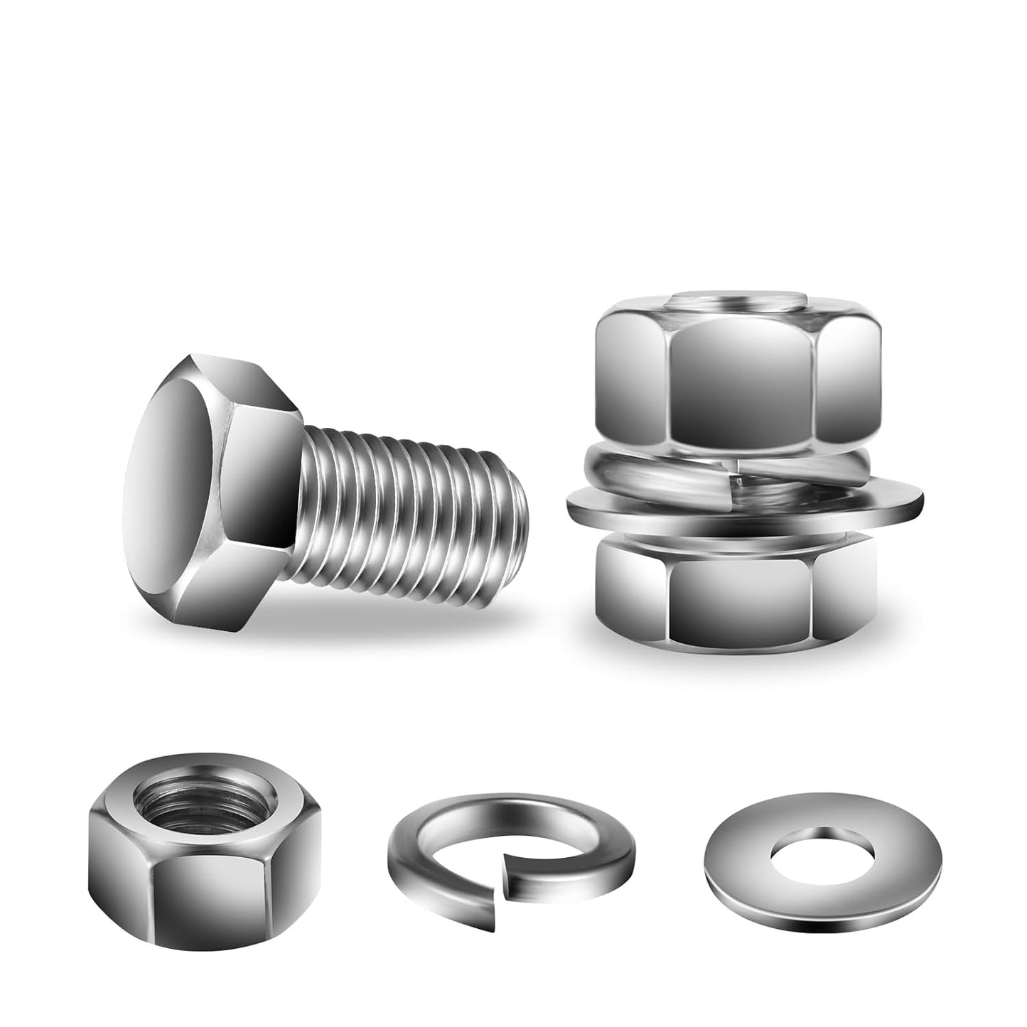 1/2-13 x 3/4" Hex Head Screw Bolt, Nuts, Flat & Lock Washers, 10Pcs 18-8 (304) Stainless Steel, Fully Threaded, by SG TZH