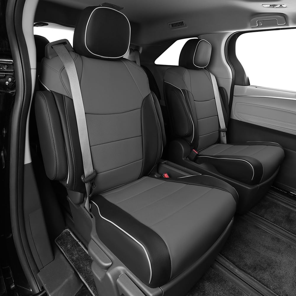 EKR Sienna Seat Covers for 2011-2020 Toyota Sienna L,LE,XLE,Limited,7 Seats,2nd Row Captain Seats W/NO Legrest,Waterproof Car Seat Cover Full Set,Car Seat Protectors- Three Row,Leather(Black/Gray)
