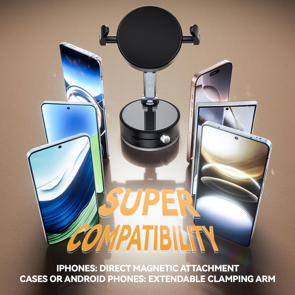 2025 Upgraded Foldable 2-in-1 Clip & Vacuum Magnetic Suction Car Phone Holder Mount, 360° Adjustable Universal Dashboard & Windshield Stand for iPhone 16/15/14/13/12 & Android Phones (Black)