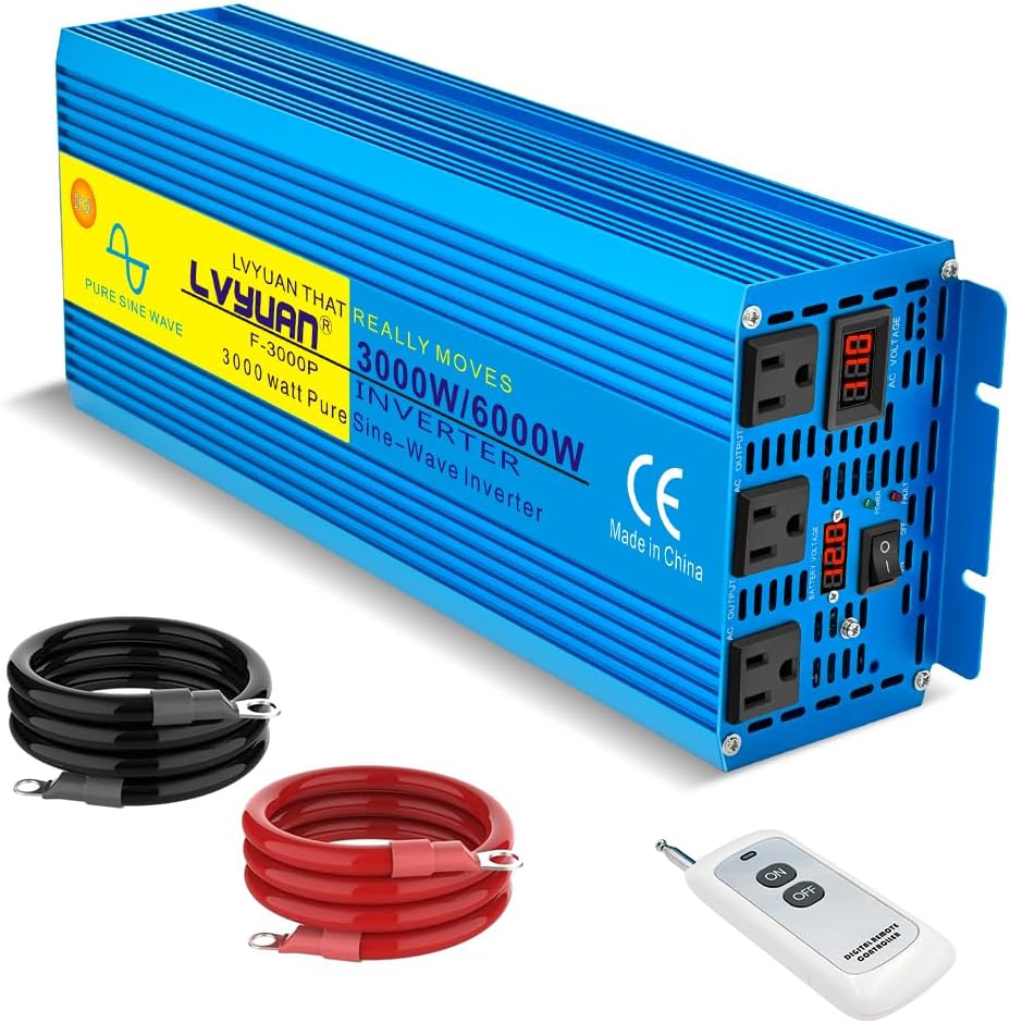 LVYUAN 3000 Watt Pure Sine Wave Inverter 12V to 110V 120V DC to AC with 3 AC Sockets, LED Display, Wireless Remote Control, Car Power Inverter for Vehicles Home RV Camping Truck Solar System