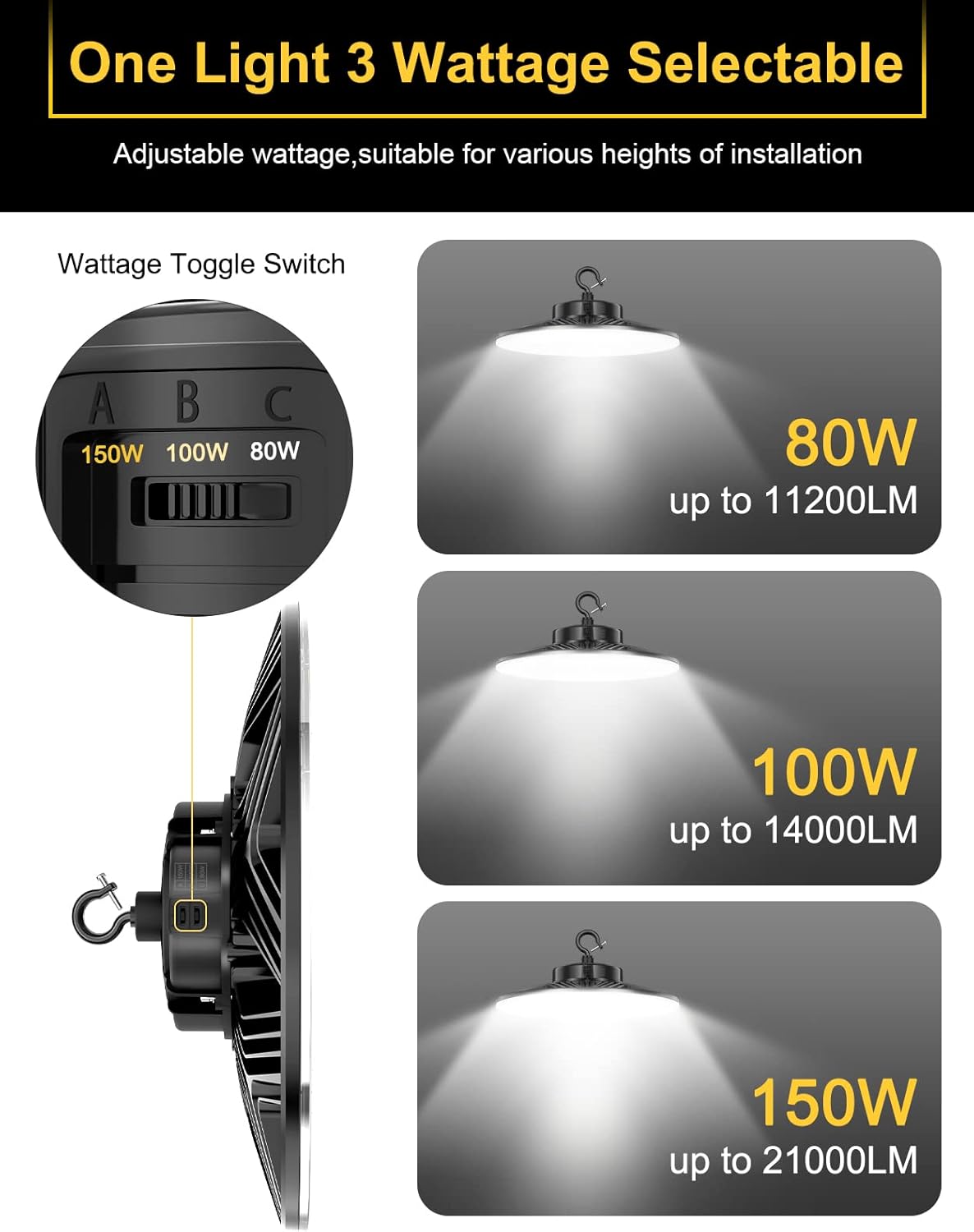 UFO LED High Bay Light, 150W/100W/80W Adjustable, 3000K/4000K/5000K, UL & DLC Listed 21000LM 0-10V Dimmable IP65 Waterproof High Bay Lights AC100-277V for Warehouse Factory(3 Pack)