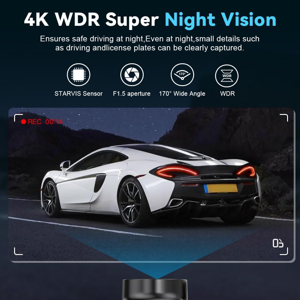 Dash Cam Front and Rear with 64GB Card, 4K+1080P Dual Dash Camera for Cars, Mini Car Camera, APP Control, Built-in Wi-Fi & G-Sensor, 170°Wide Angle, WDR, Night Vision, Loop Recording, Parking Mode