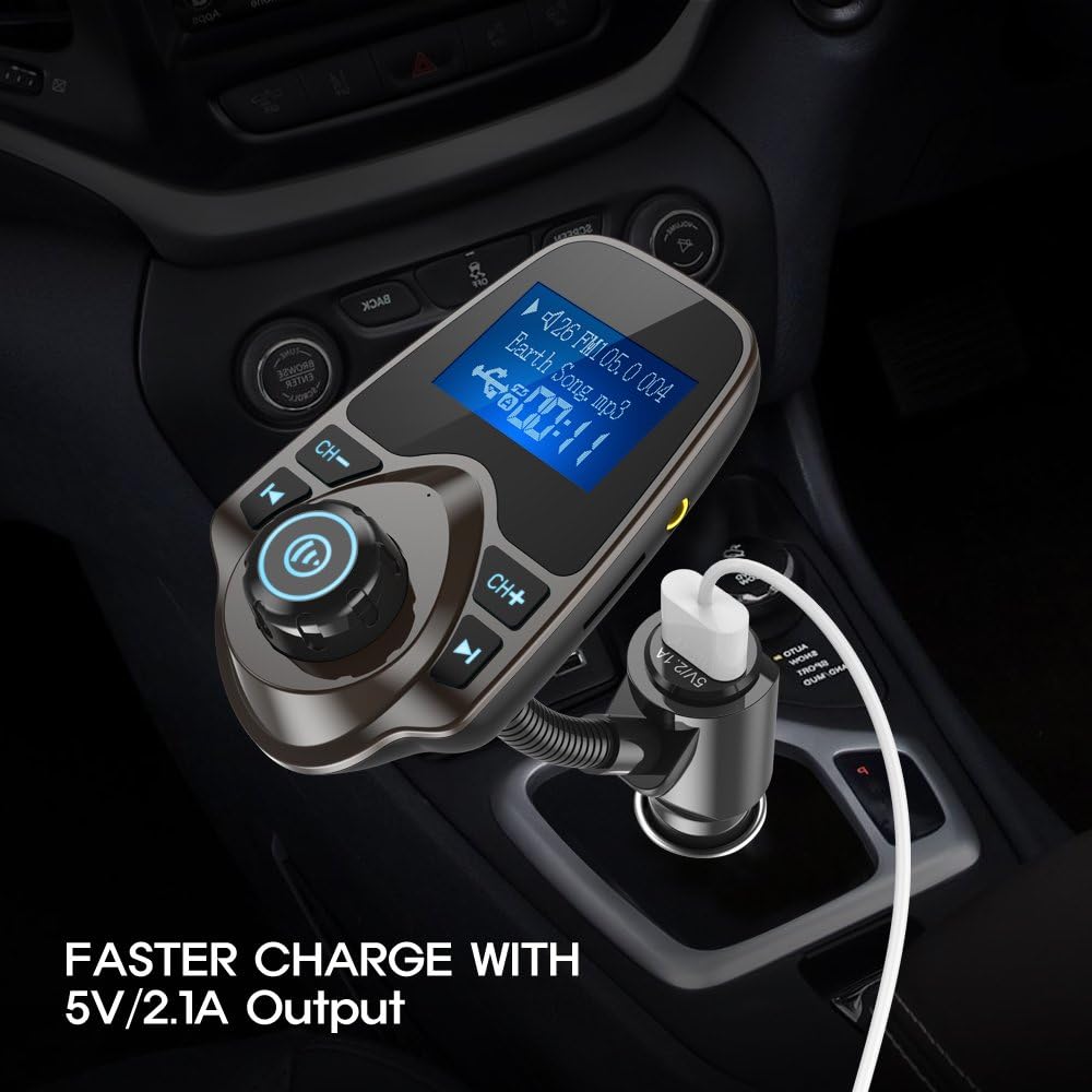 Nulaxy Bluetooth Car FM Transmitter Audio Adapter Receiver Wireless Handsfree Car Kit TF Card AUX 1.44 Display – KM18 Brown