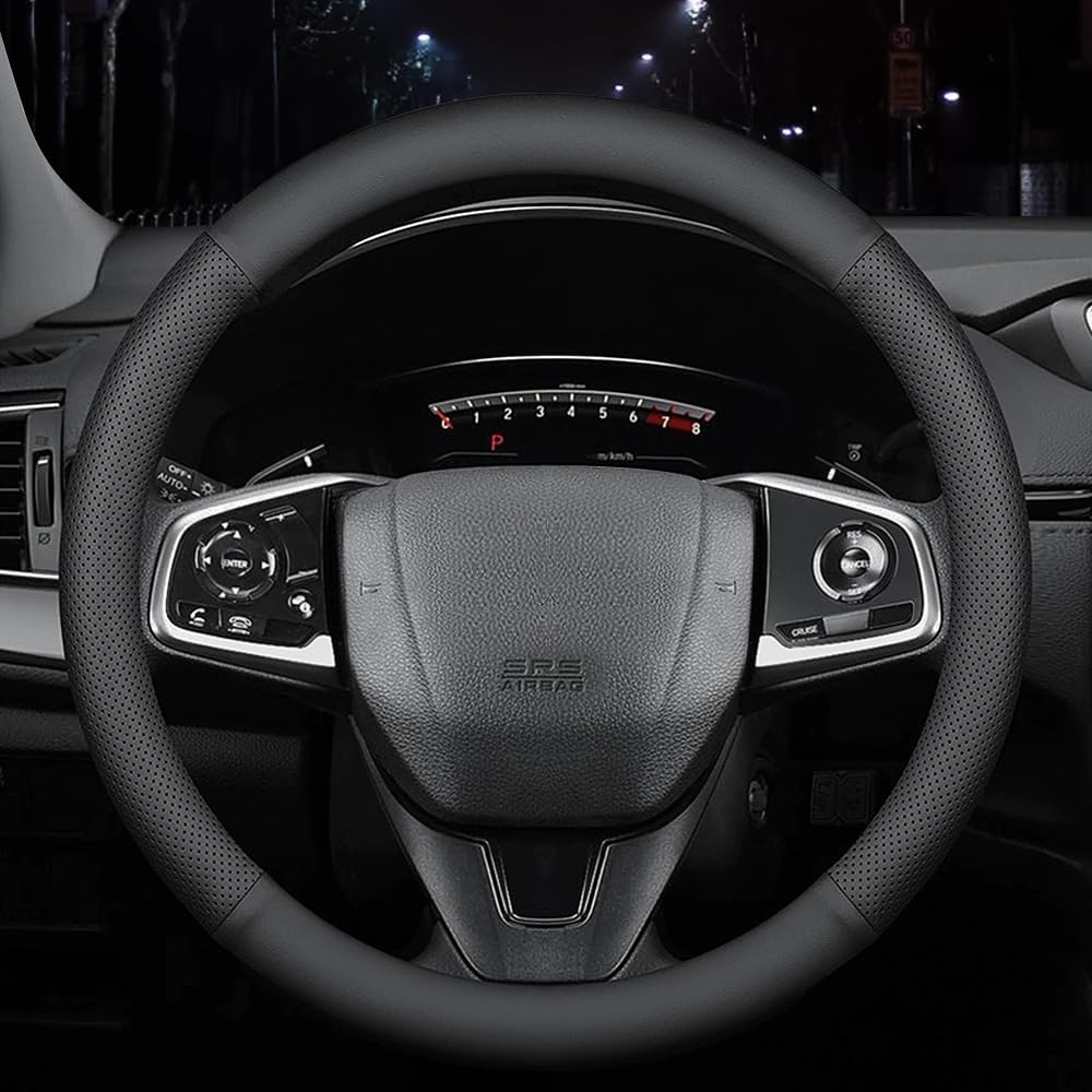 New Nappa Leather car Steering Wheel Cover, Anti-Slip, Safety, Soft, Breathable Full Surround Universal 15 inch Black