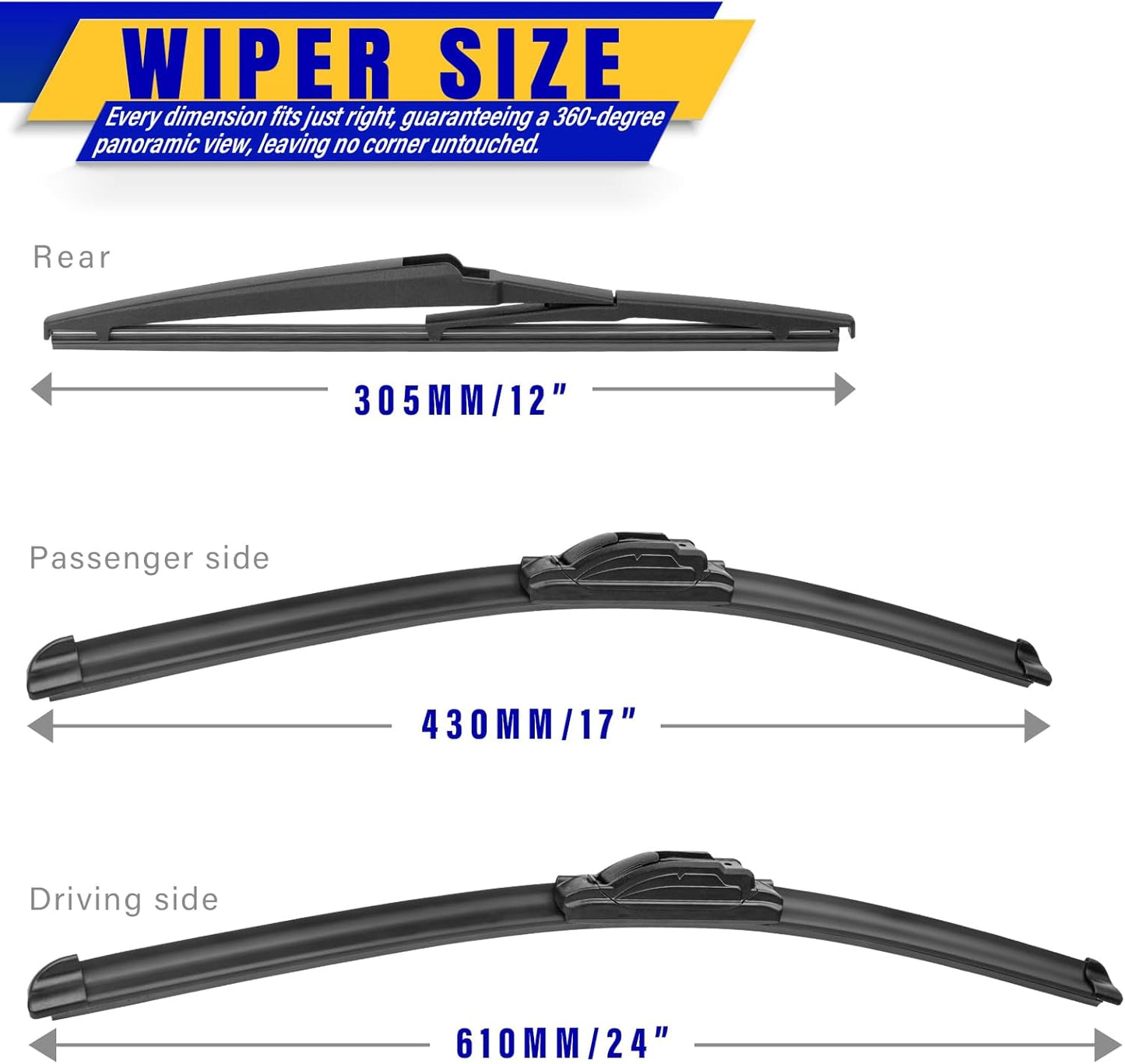 3 wipers Replacement for 2006-2012 Toyota Rav4, Windshield Wiper Blades Original Equipment Replacement - 24"/17"/12" (Set of 3) U/J HOOK