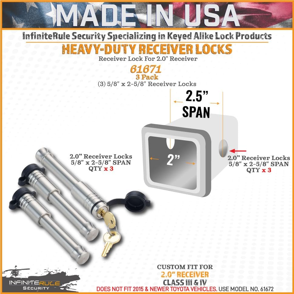61671 | 3 Pack, Keyed Alike, Receiver Locks for 2" Receiver - Class III & IV