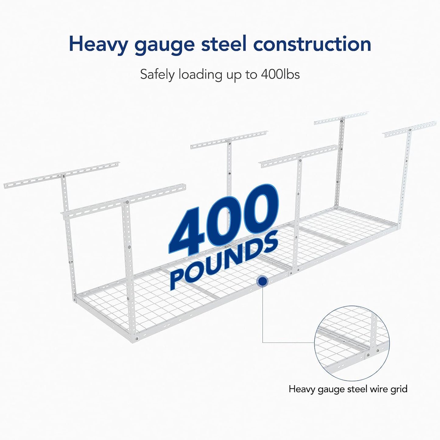 FLEXIMOUNTS 2x8 Overhead Garage Storage Rack,Adjustable Storage Organization System,Heavy Duty Metal Garage Ceiling Storage Racks,400lbs Weight Capacity,White