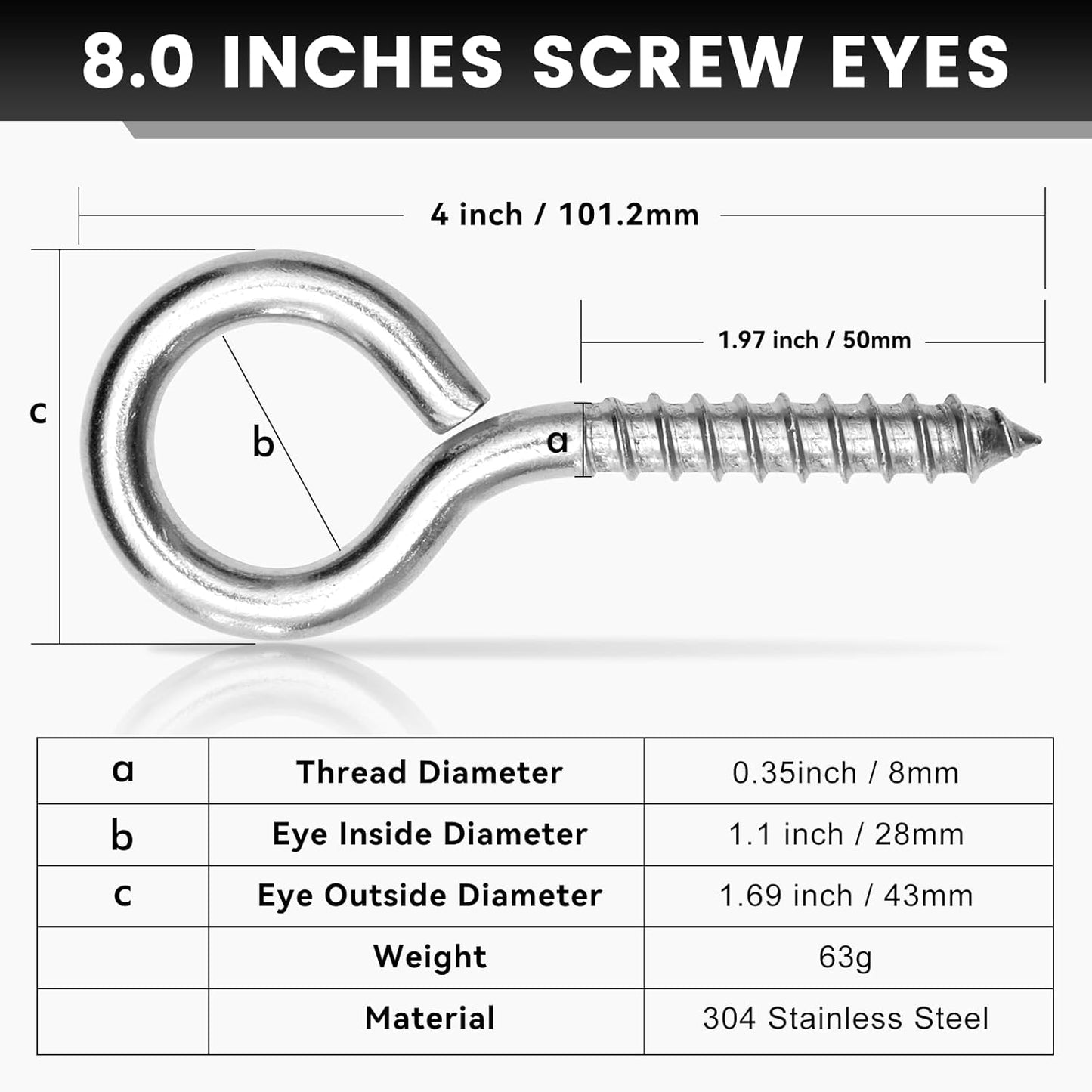 2Pcs Self Tapping Eyelet Screw Eye Bolt，4 Inch Heavy Duty Screw Eyes Hooks ，M8 Wooden Large Screw Eye Hook，Load Capacity 500 Lbs for Hammock ，Yoga，Heavy Indoor Outdoor Uses (2, M8-4 INCH)