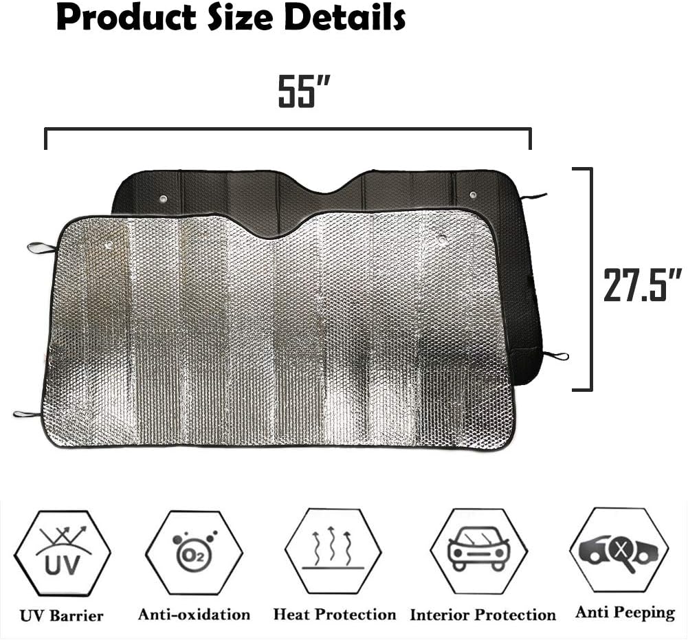 Big Ant Windshield Sun Shade UV Rays Sun Visor Shade,Auto Front Windshield Sunshade Car Folded Sun Shield Shade,Keeps Vehicle Cool - Black (55" x 27.5")