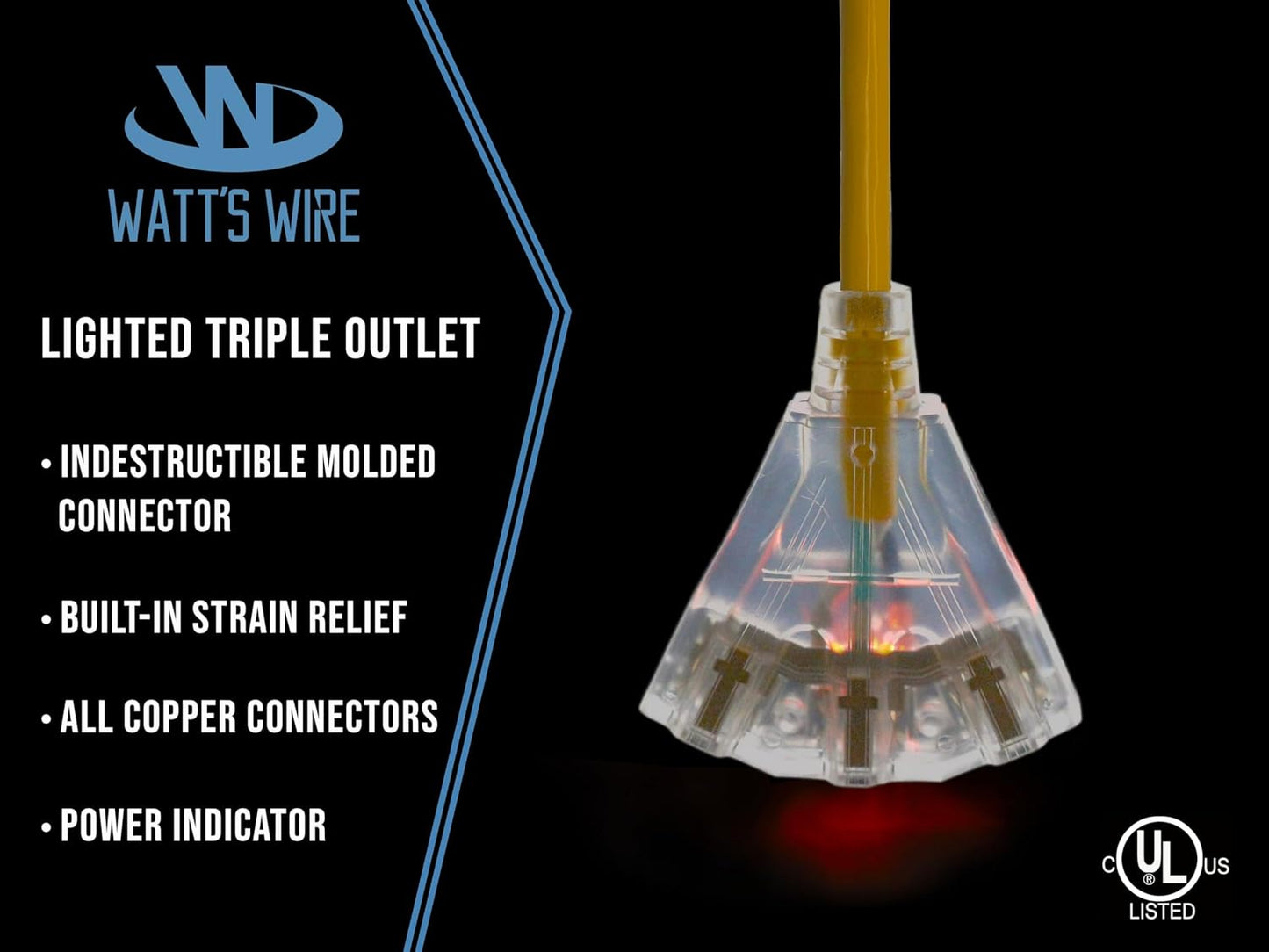 50 ft - 12 Gauge Heavy Duty Extension Cord - 3 Outlet Lighted SJTW - Indoor/Outdoor Extension_Cord by Watt's Wire - 50' 12-Gauge Grounded 15 Amp ExtensionCord