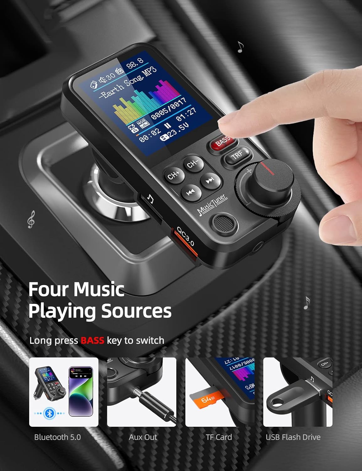 Nulaxy Bluetooth FM Transmitter for Car, 1.8" Color Screen Strong Mic Bluetooth Car Adapter with QC3.0 Fast Charger, Treble & Bass Sound Music Player, Hands-Free Calls, Supports Aux/TF Card/USB Drive