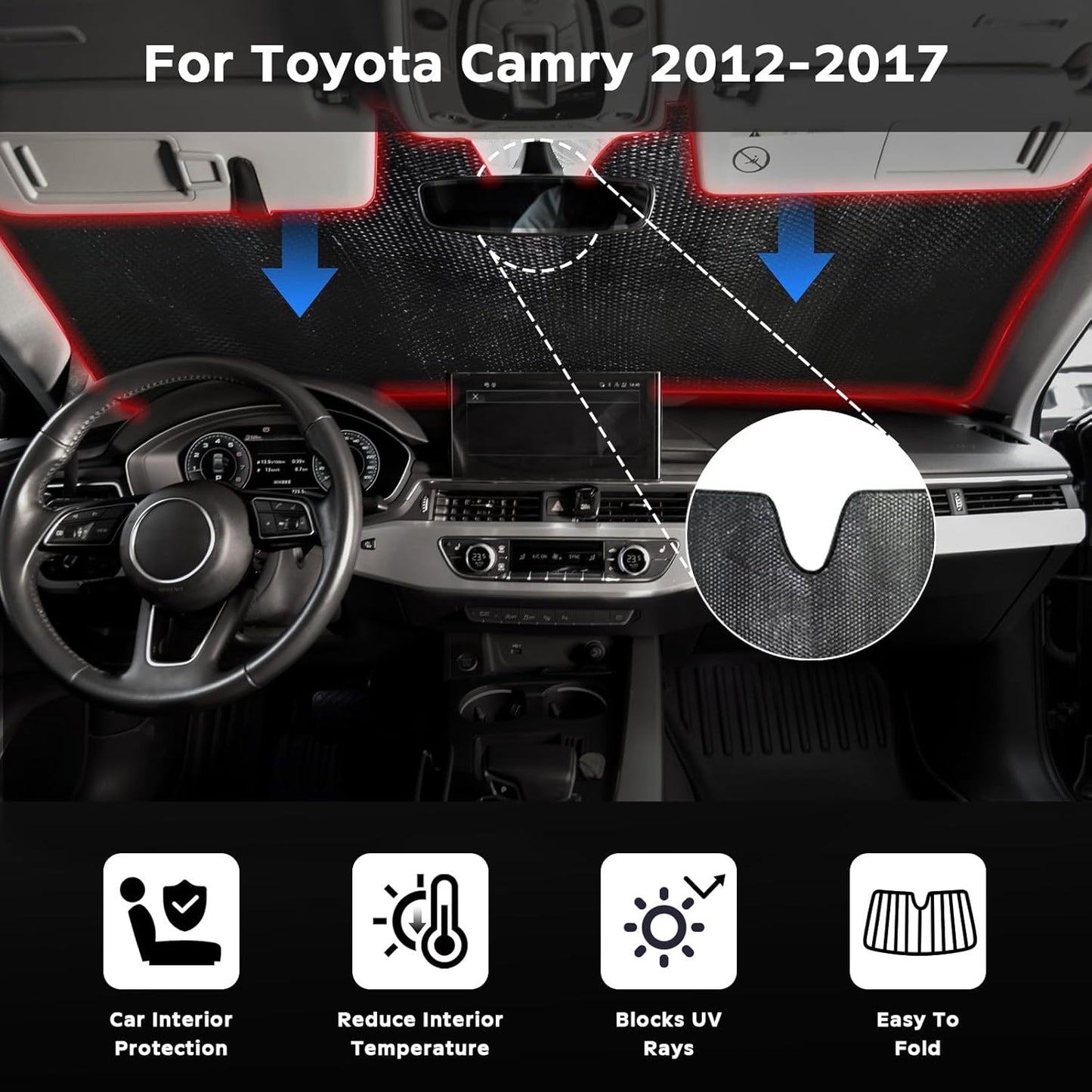 Windshield Sun Shade for Toyota Camry 2012-2017 - 5-Layer Bubble Foldable Front Window Shade Sun Visor Accessories - Blocks Heat & UV Rays