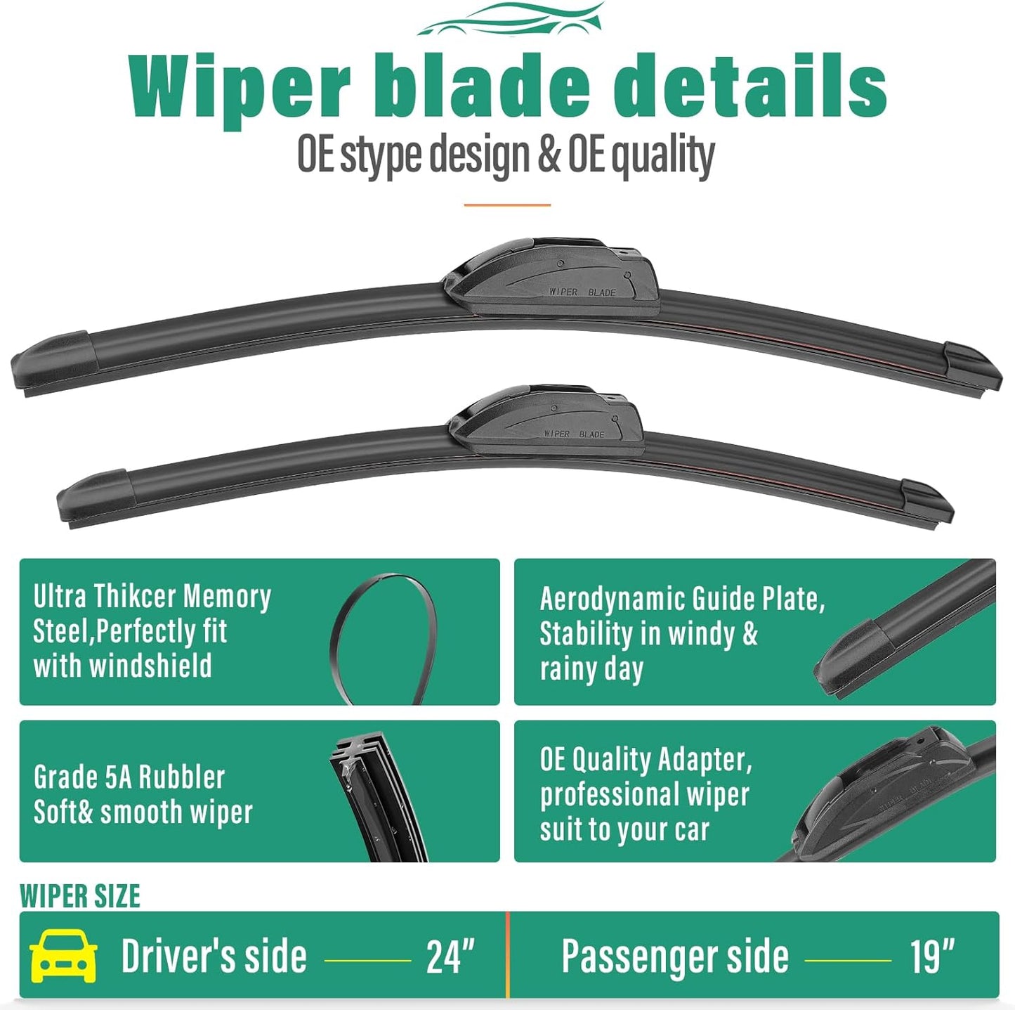 24" 19" 10" Windshield Wiper Blades Replacement for Saturn Vue 2002 2003 2004 2005 2006 2007 Premium All Weather Front Rear Wipers Set - OEM Quality (Pack of 3)