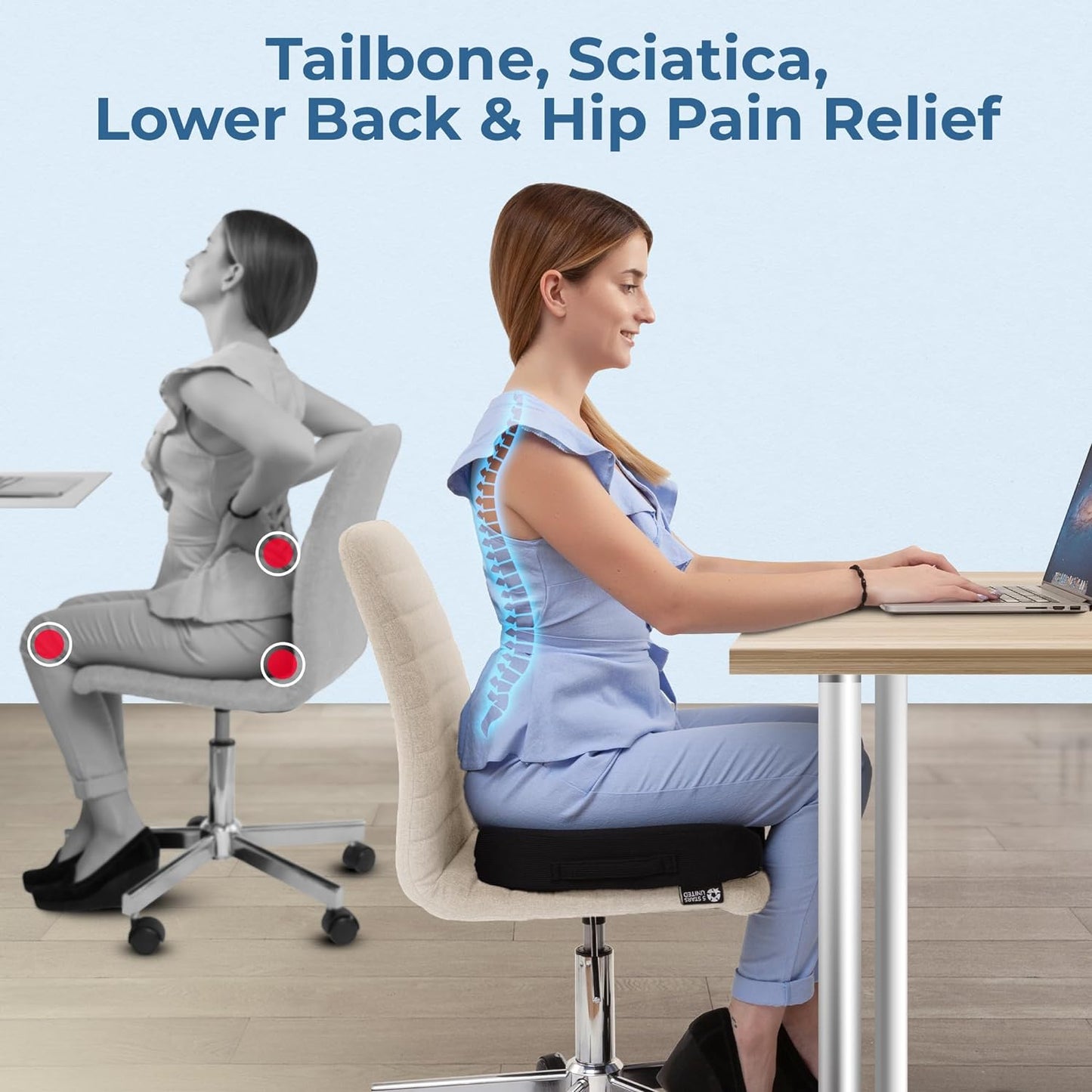 5 STARS UNITED Seat Cushion for Tailbone Pain Relief – Large Memory Foam Lifting Pillow for Coccyx, Hip, Sciatica & Post-Surgery Recovery – Wheelchair, Car, Desk, Gaming & Office Chairs, Black