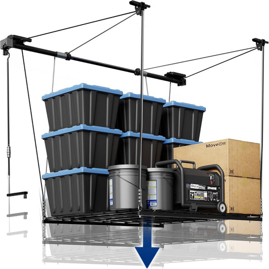 FLEXIMOUNTS Overhead Garage Storage Rack, 4x4 Ft Heavy-Duty Garage Ceiling Storage Racks, Adjustable Organization System with 71'' L Axle, 300lbs Weight Capacity, Carbon Black