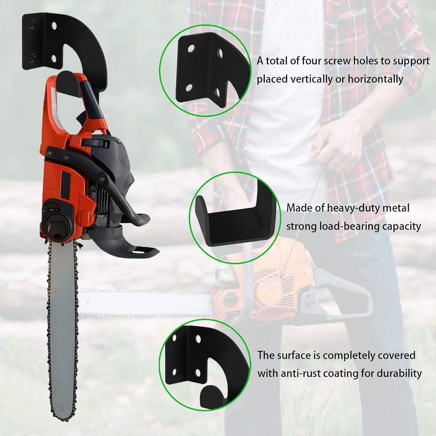2PCS Chainsaw Hanger, Heavy Duty Chainsaw Wall Mount Holder, Organizer Mounted Chainsaw Rack, Chain Saw Hanger for Garden, Garage, Workshop, Black Metal