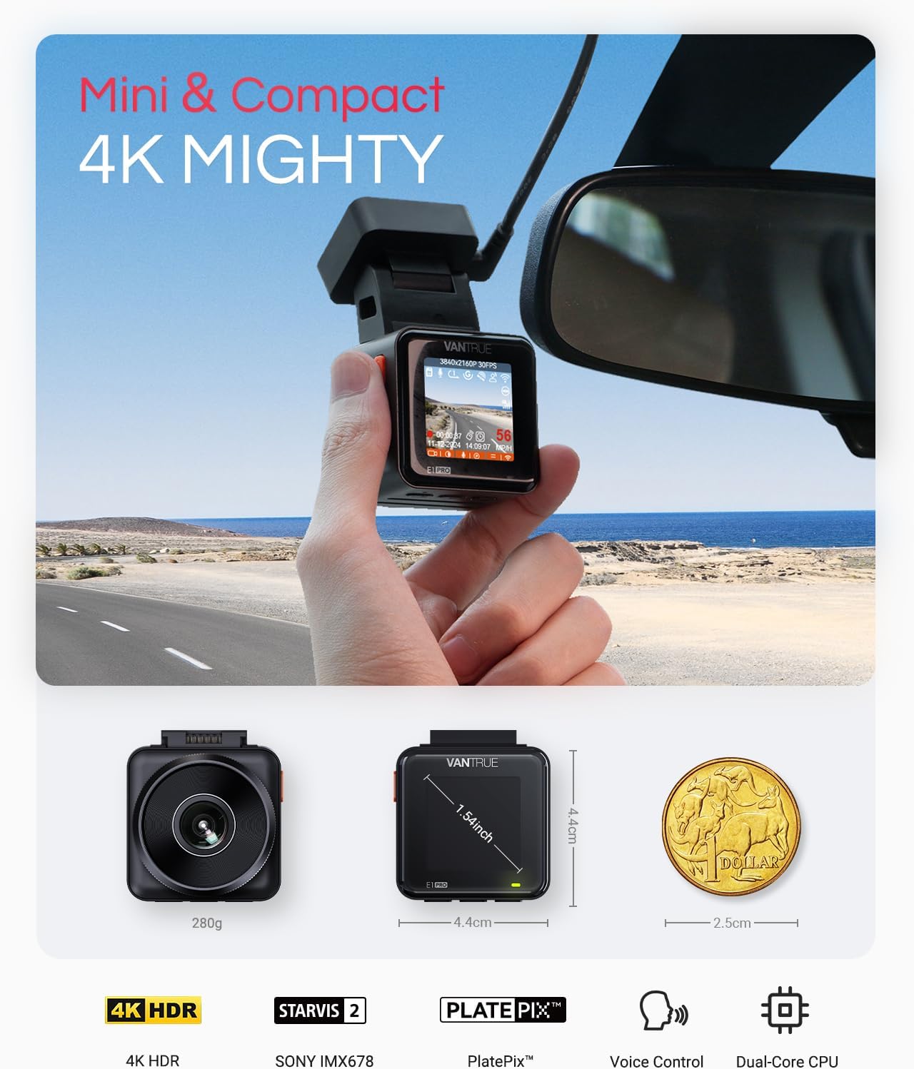 Vantrue E1 Pro 4K Mini Dash Cam Front, STARVIS 2 PlatePix HDR Night Vision Car Camera, Built-in 5G WiFi GPS, 1.54'' IPS Screen, LTE Support, Voice Control, 24/7 Buffered Parking Mode, Support 1TB Max