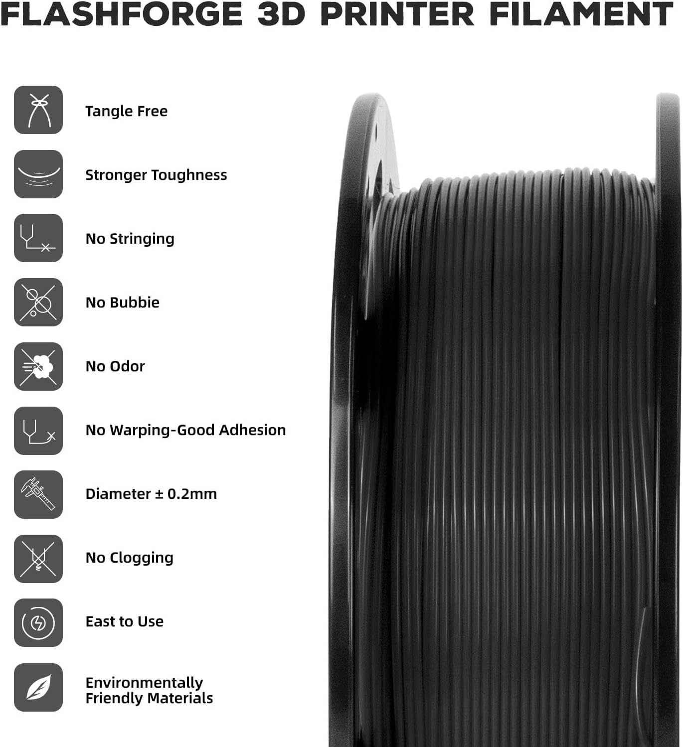FLASHFORGE PLA Filament 1.75mm, 3D Printer Filament 1kg (2.2lbs) Spool, Dimensional Accuracy +/- 0.02mm, 3D Printing Filament Easy to Use and Fits for Most FDM 3D Printers (Black)