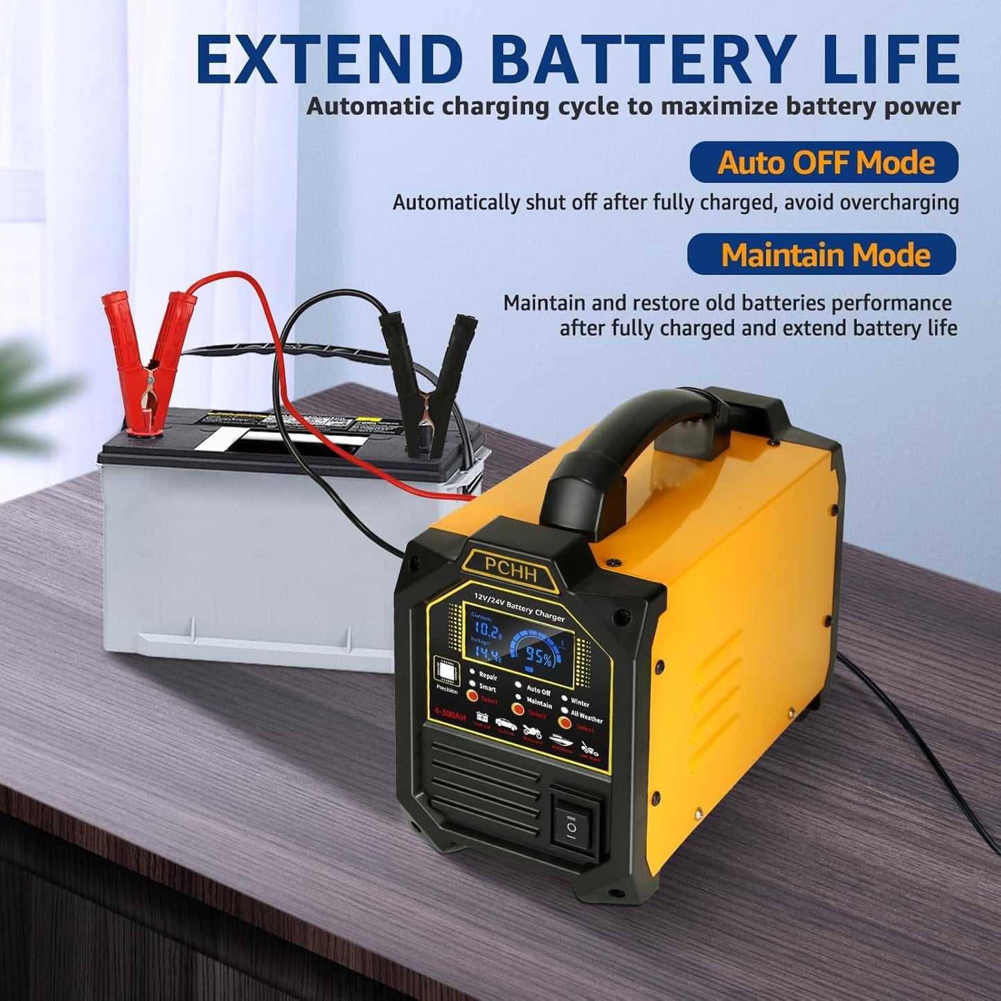 12V 24V Car Battery Charger Heavy Duty, 0-15A Automatic Battery Maintainer, Smart Trickle Charger with Auto Shutoffs, Repair, Winter Mode, for Automotive Car Truck Motorcycle RV AGM Deep Cycle