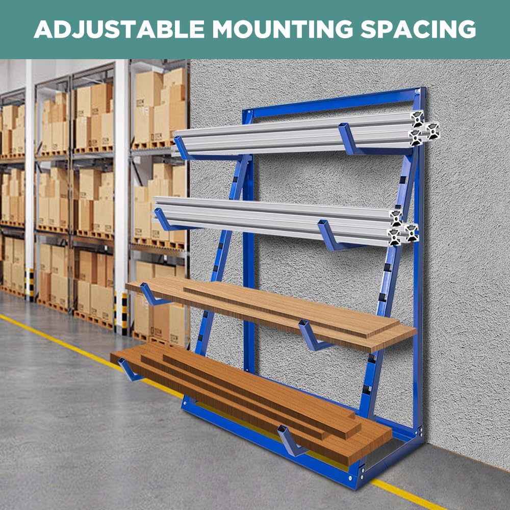 Yeeoy 4 Tier Steel Horizontal Lumber Storage Rack, Heavy Duty Pipe Organizer Shelf, Adjustable Bar Storage Cantilever Rack for Garage Workshop Shed Basement, 2000lbs Load Capacity, Blue