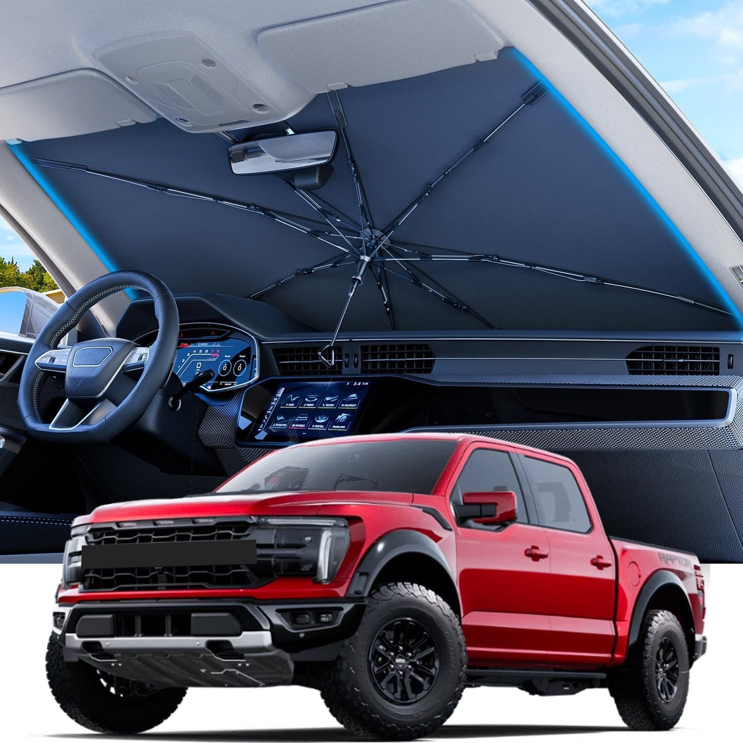 REEVAA 2025 Upgraded Car Windshield Sun Shade Umbrella [100% Sun Protection & Keep Cool] Protect Interior, 360° Flex Handle Sun Shield Sunshade, Large (61 * 33.5 in) for Large Truck