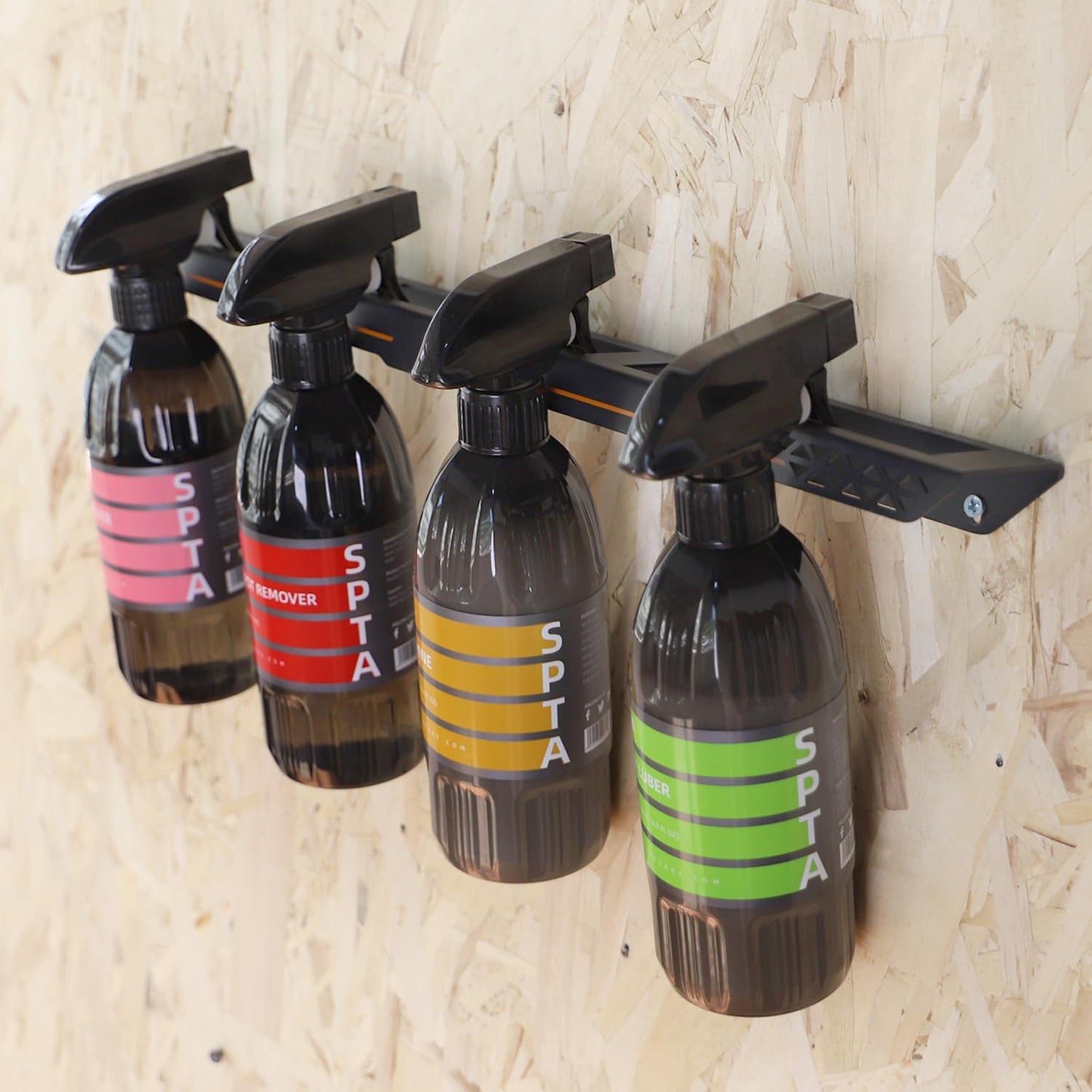 SPTA Spray Bottle Holder, Universal Detailing Spray Bottle Holder - Wall-Mounted Organizer for Mobile & Garage Detailing, Holds 6 Sprayers (16oz), Universal Lightweight Professional Accessory -OT011
