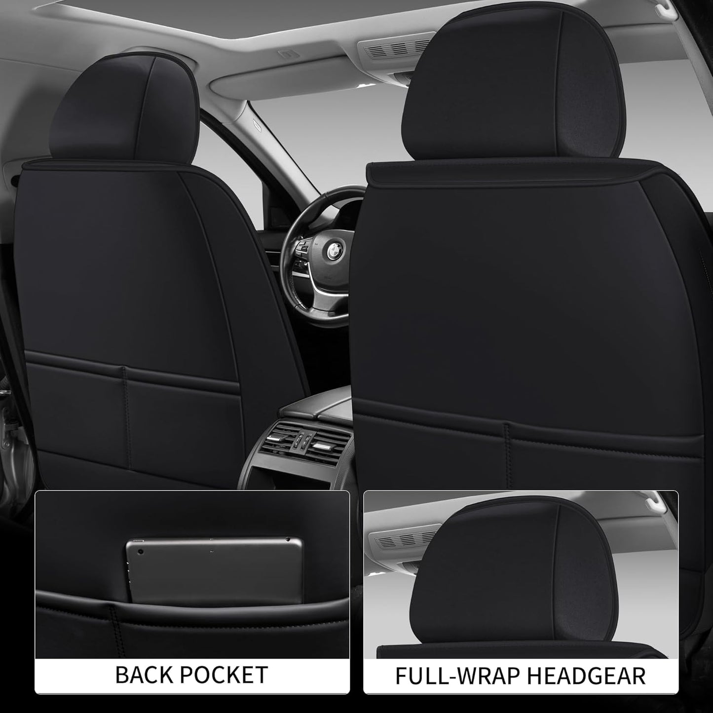 Car Seat Covers Full Set, Black Seat Cover for Cars Compatible Airbag, Easy Install Luxury Leather Automotive Seat Covers with Lumbar Support, for Car, Truck, SUV, Grey