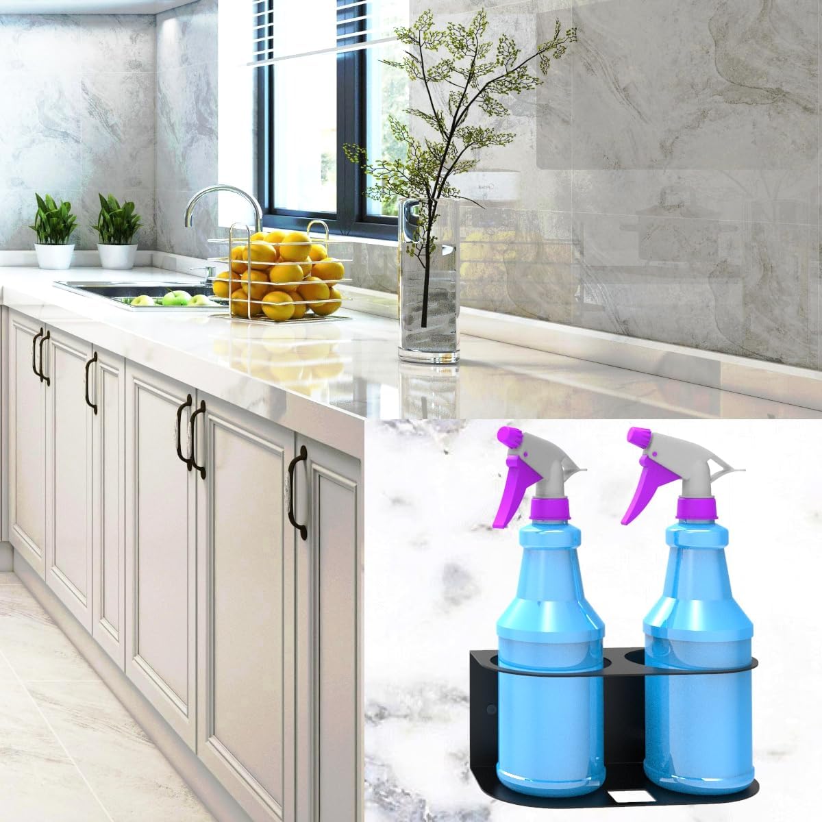 JINGCHENGMEI 2 Spray Bottles Holder, Steel Wall Mount Storage Organizer for All-Purpose at Garage and Home (SBH-2B1Pc)