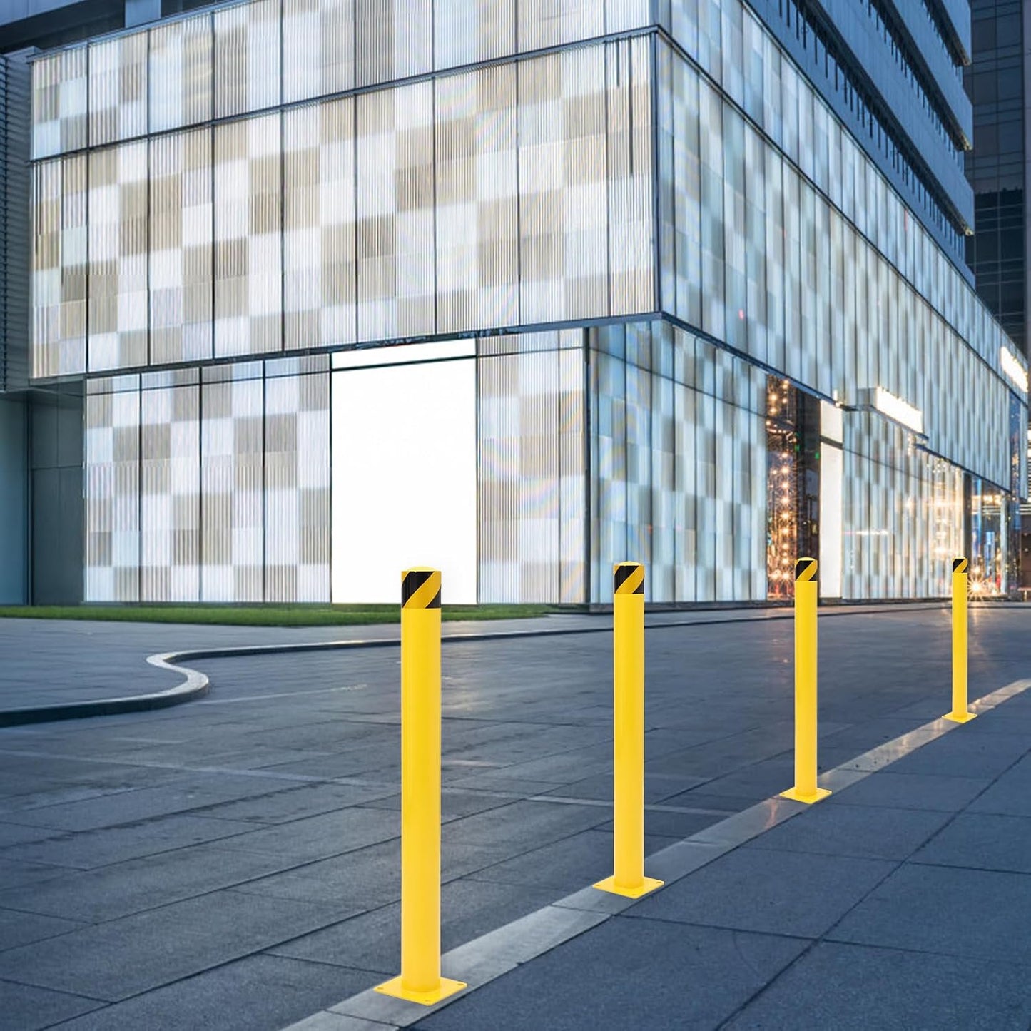 Safety Bollard 4 Packs, 48 Inch Height Steel Bollard Post for Parking Lot, 4.5 Inch Diameter Pipe, Yellow Safety Bollard Post with 8 Anchor Bolts, Ideal for Traffic-Sensitive Areas, Driveway Barrier