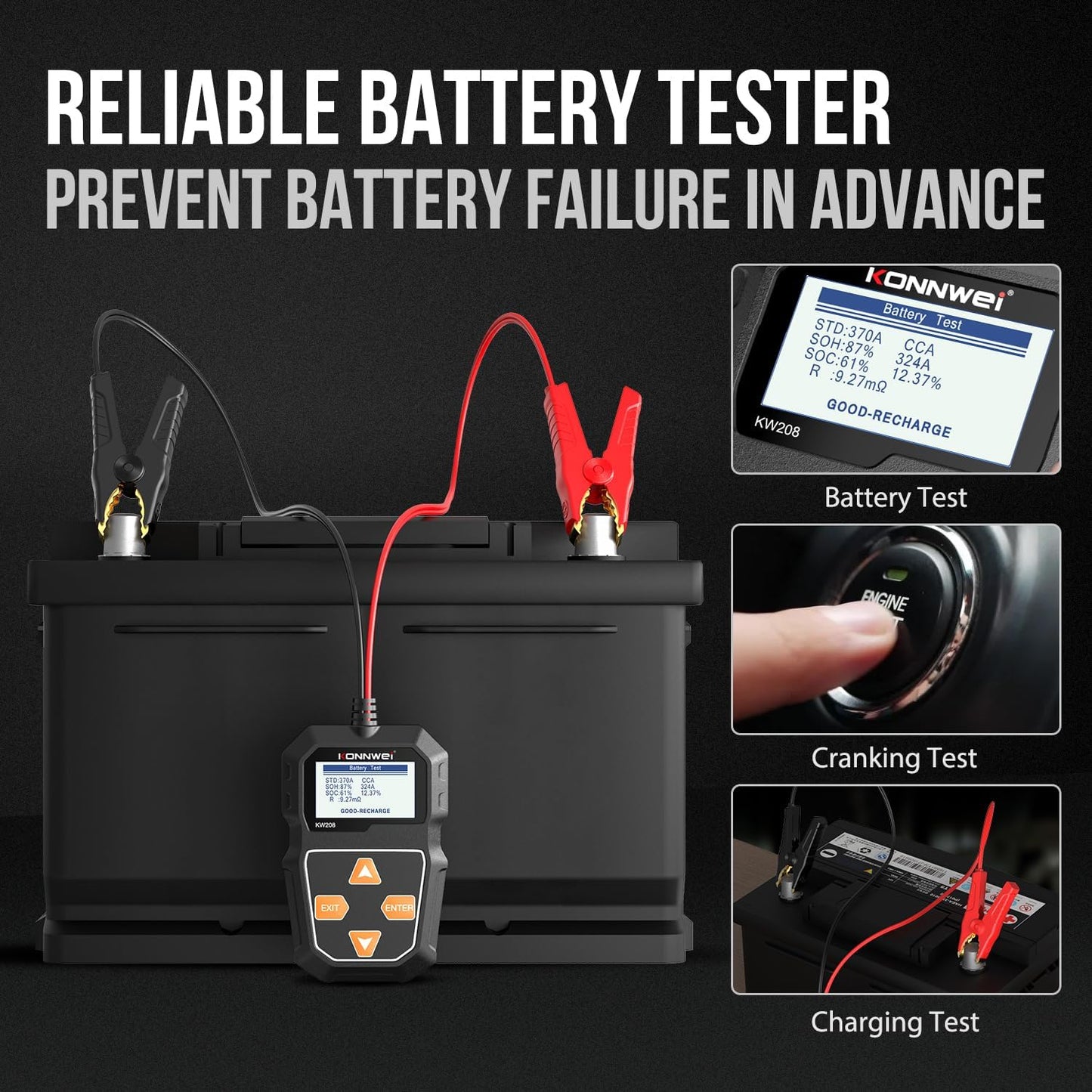 KONNWEI KW208 12V Car Battery Tester, 100-2000 CCA Load Tester Automotive Alternator Tester Digital Auto Battery Analyzer Charging Cranking System Tester for Truck Marine Motorcycle SUV Boat