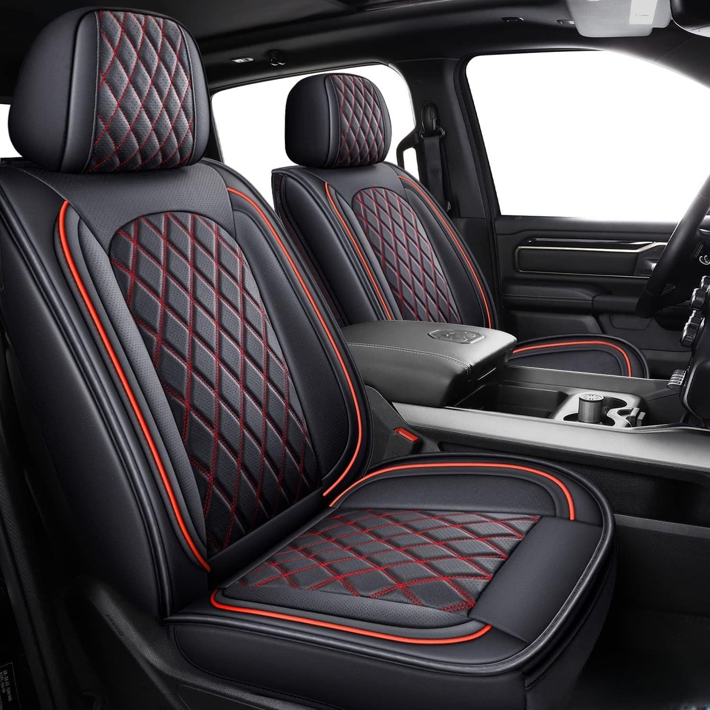 MIROZO Front Ram Seat Covers,2PCS Leather Dodge Ram Seat Covers Compatible with 2009-2025 RAM 1500 2500 3500 Truck Pickup Crew Quad Cab (2PCS Front,Black and Red)