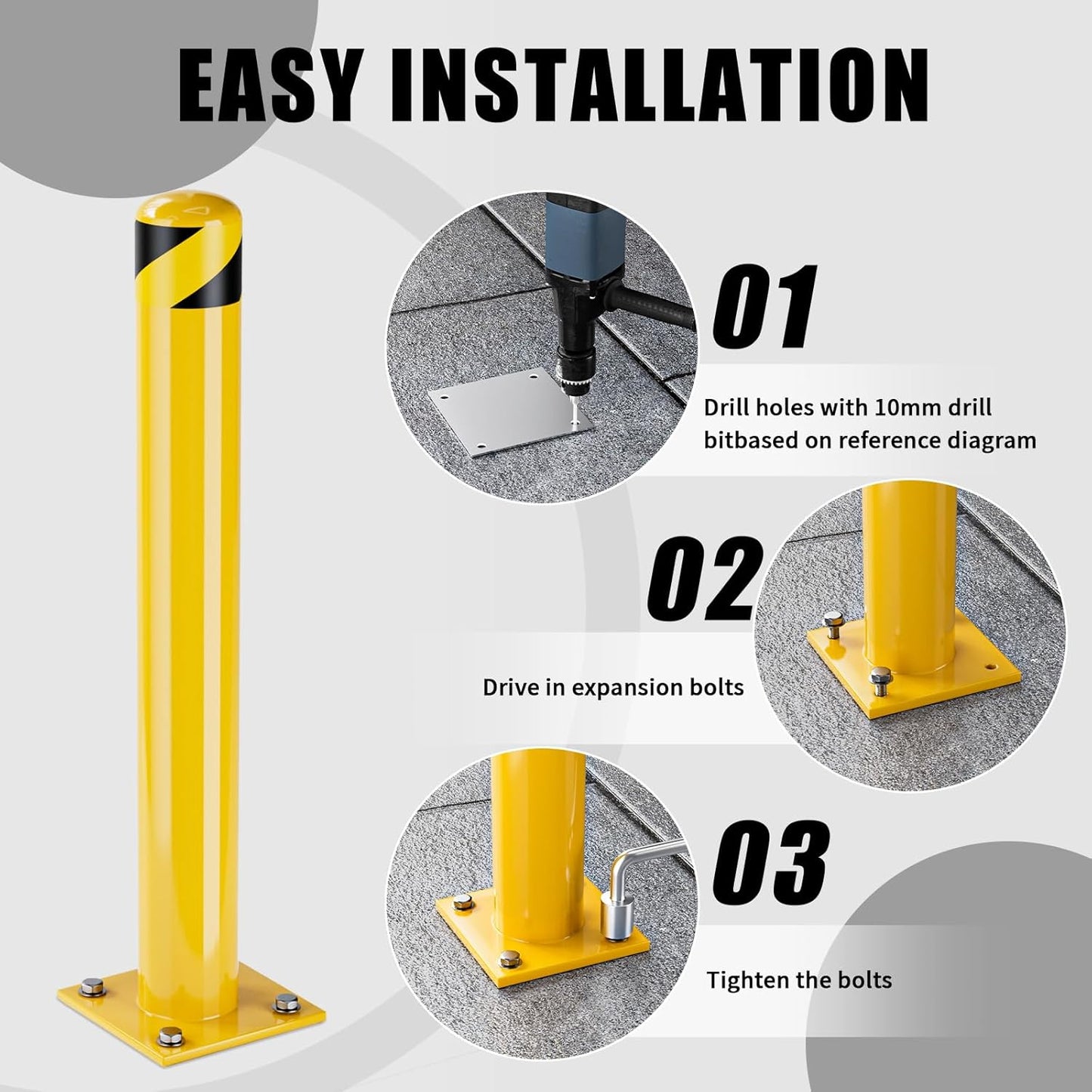 Safety Bollards, Steel Bollard Post, Yellow Powder Coated Safety Parking Barrier Post for High Traffic Areas (42inch 6Pack)