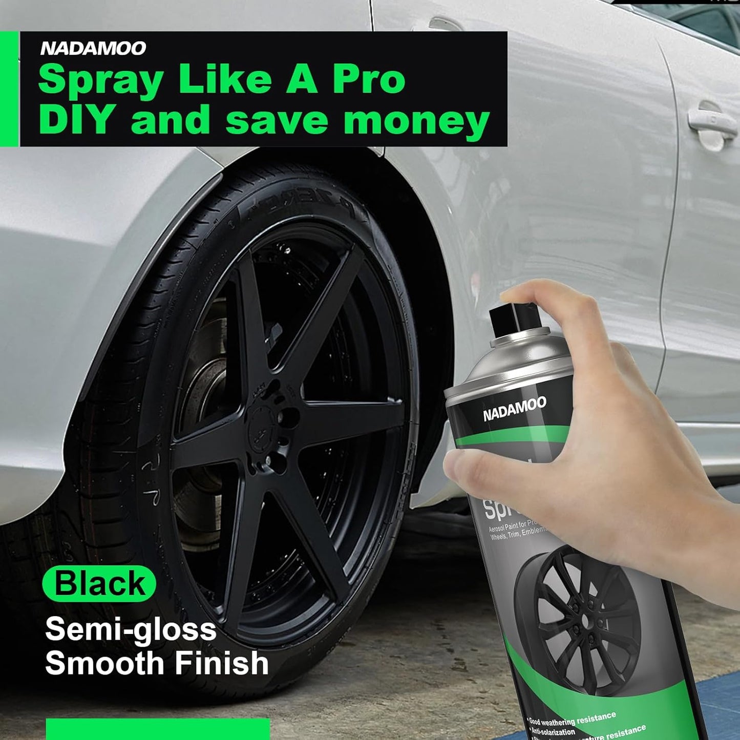 NADAMOO Aluminum Wheel Spray Paint, Car Rim Aerosol Paint for Recolor and Protection of Metal Surface, Semi-gloss Black, 2 Cans, 13 Oz Per Can