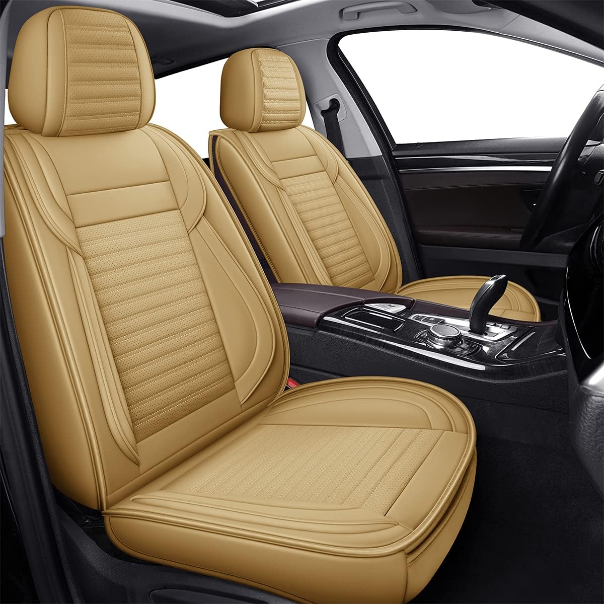 LINGVIDO Car Seat Covers, Breathable and Waterproof Faux Leather Automotive Seat Covers for Cars SUV Pick-up Truck Sedan,Universal Anti-Slip Driver Seat Cover with Backrest (Full Seat, Beige)