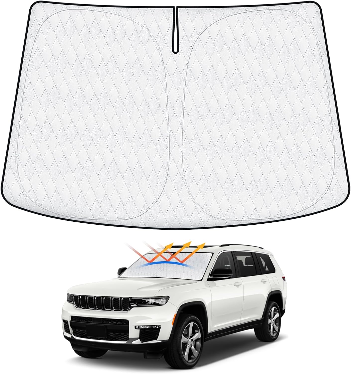 Windshield Sun Shade Fit for Jeep Grand Cherokee/Grand Cherokee L 2021-2024 2025, Sunshades for Grand Cherokee Accessories Foldable Window Sun Shade Sun Visor UPF50+