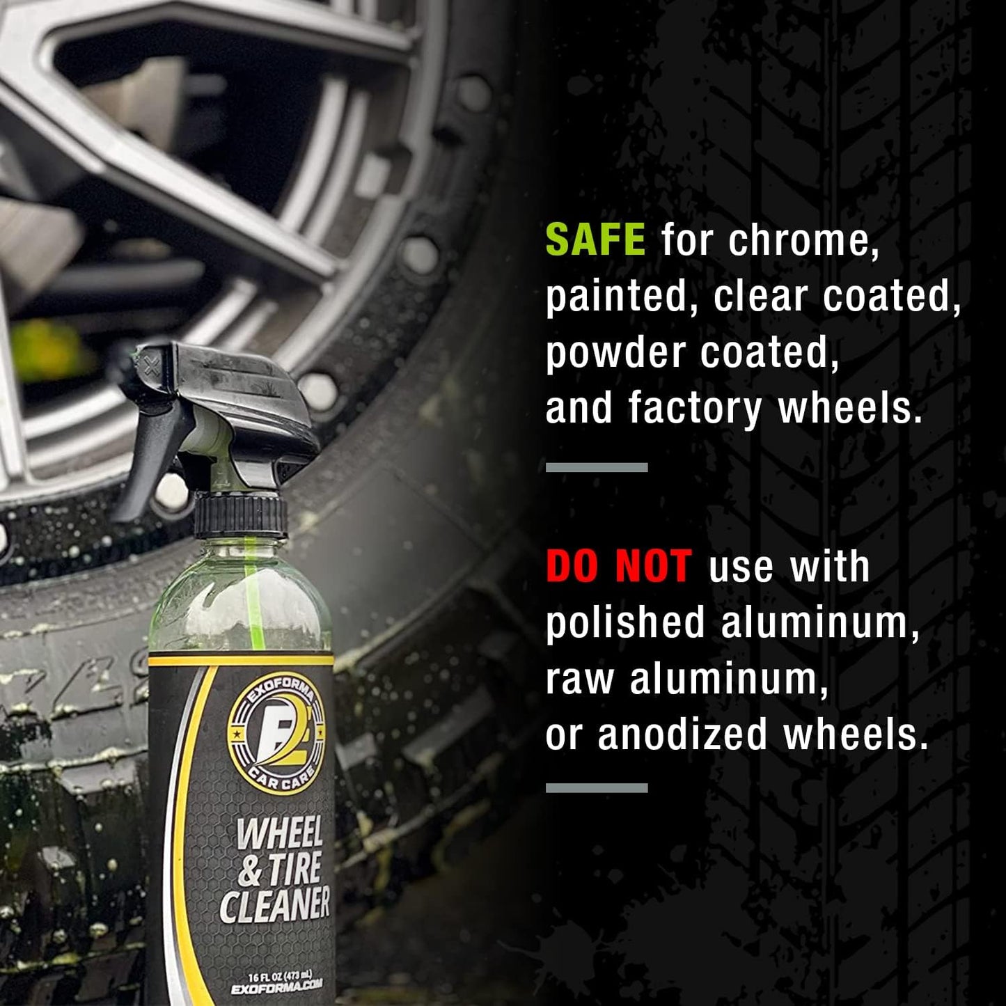 ExoForma Wheel & Tire Cleaner - Removes Built-Up Brake Dust, Dirt & Grime - Improves Dressing Performance - 2-in-1 Formula - Chosen by Pros (16 FL Oz)