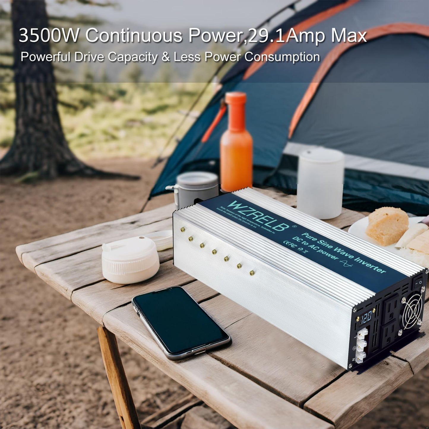WZRELB 3500W Pure Sine Wave Inverter, Car Power Inverter 48V DC to 110V 120V AC Converter for RV, Truck, Solar, Outdoor with Dual AC Outlets, Hardwire Port, Surge 7000W, LED Display,Off-Grid