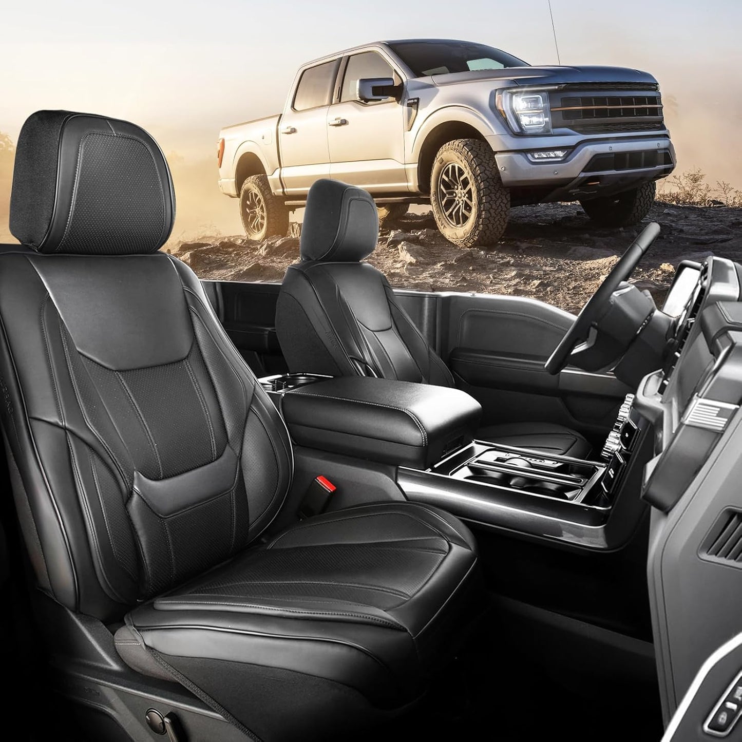 Coverland Custom Car Seat Covers Compatible with Ram 1500, Tacoma - Premium Leather Non-Slip Memory Foam Waterproof Cover Custom Fit Interior Protector Front Seat-Black [See Size Chart-Size A49]