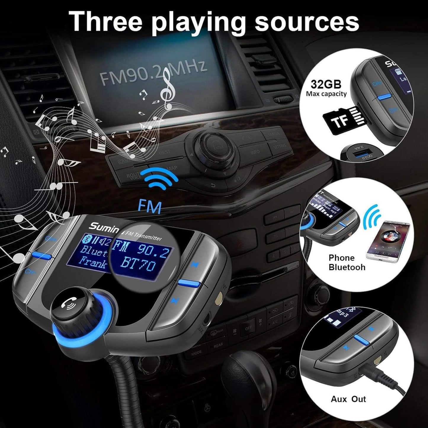 Upgraded Bluetooth FM Transmitter, Wireless Radio Adapter Hands Free Car Kit with 1.7'' Display, QC3.0 and Smart 2.4Amp Dual USB Ports, AUX Input/Output, TF Card Mp3 Player (PD, Black)