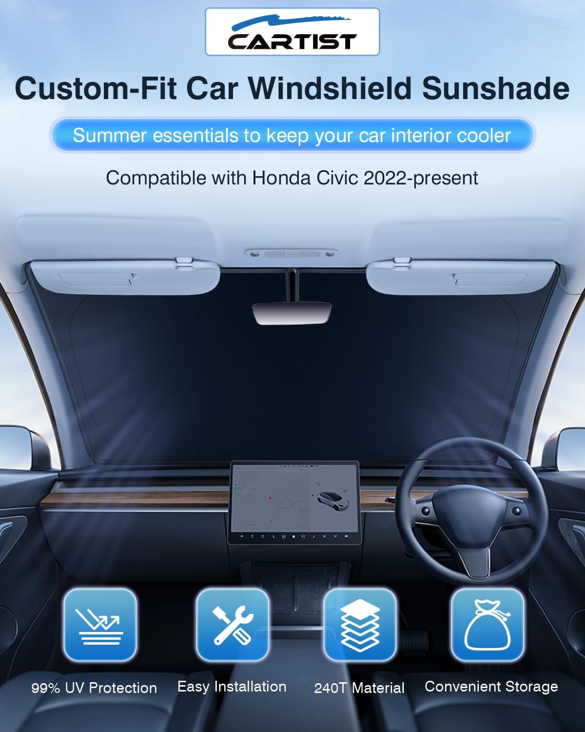 Windshield Sun Shade Custom Fit for Honda Civic 2022-2025 2026, Sunshade for Civic Accessories Foldable Car Front Window Sun Visor