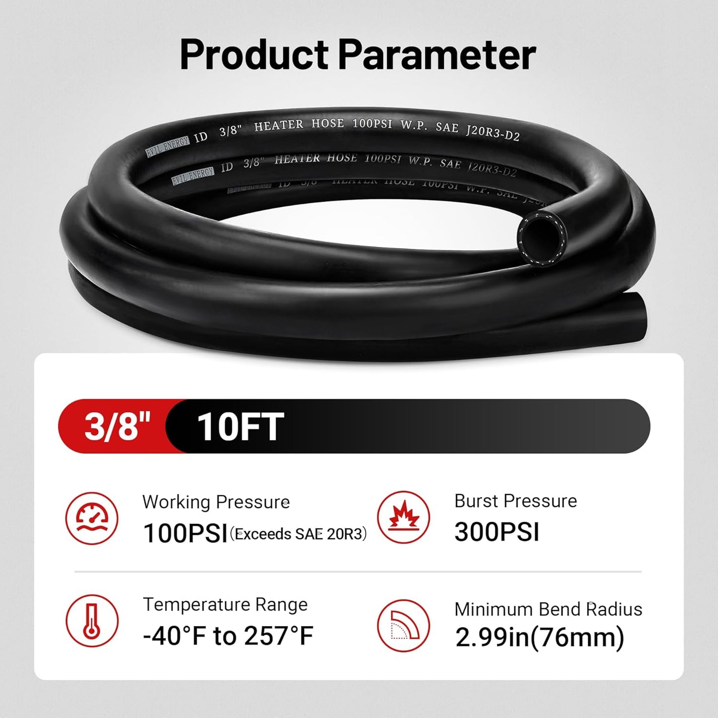 EVIL ENERGY 3/8" Heater Hose Coolant Radiator Straight 100PSI SAE 20R3 10FT Black