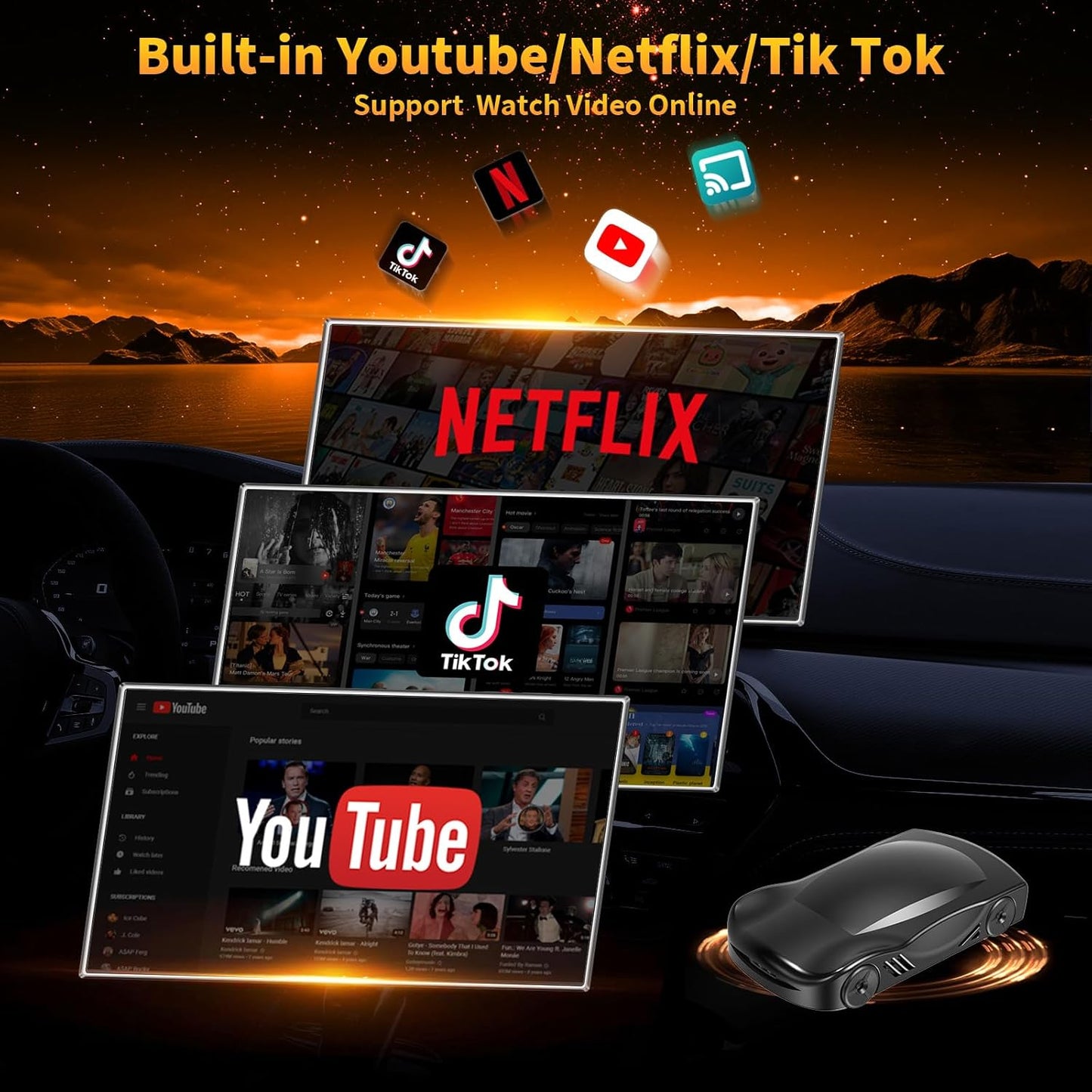4-in-1 Carplay Ai Box,Wireless CarPlay & Android Auto Adapter,Compatible with N-etflix/YouTube/TIK Tok/Screen Mirror Link/TF Card,Suitable for Cars Equipped with OEM Wired CarPlay,Plug & Play