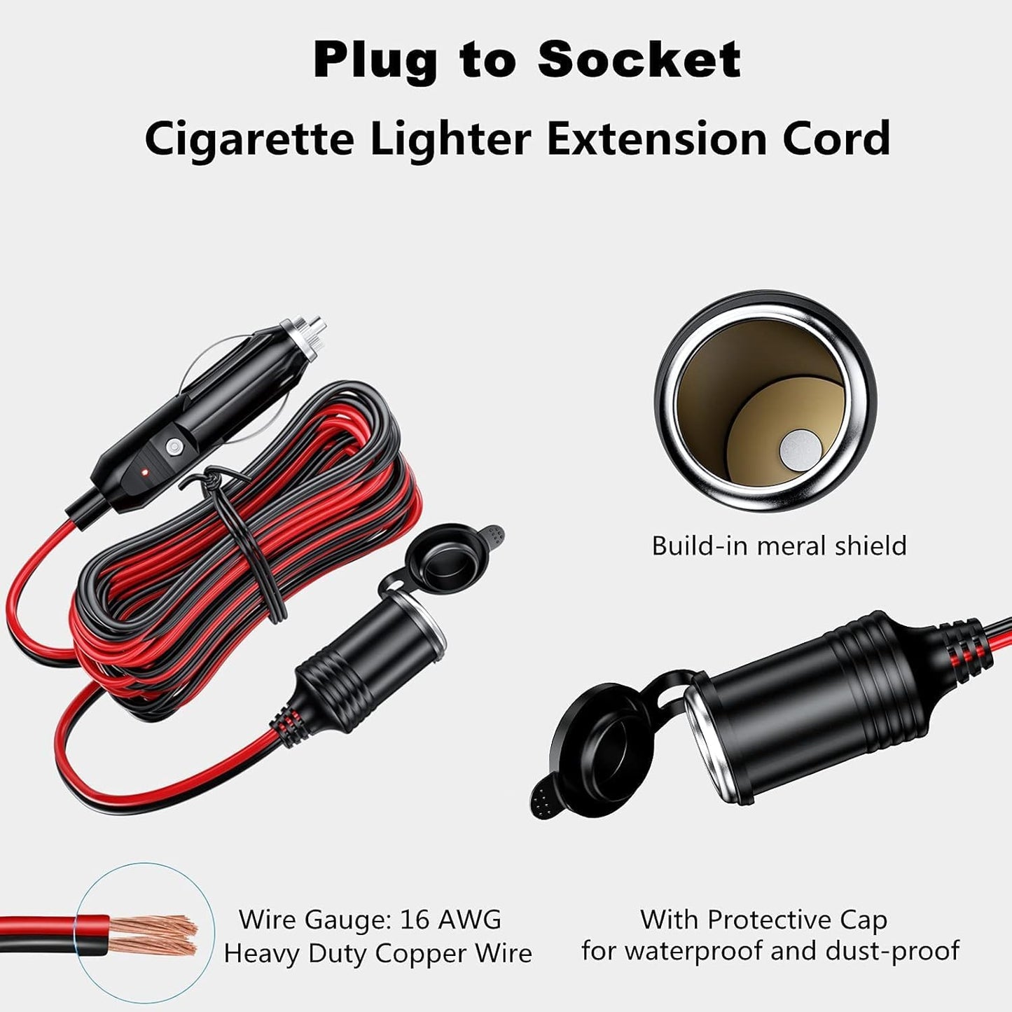 KEWIG 12/24V Car Cigarette Lighter Extension Cord - 4.9FT Cigarette Lighter Plug Cable- 16AWG Heavy Duty Extension Cable with 15A Fuse and LED Indicator