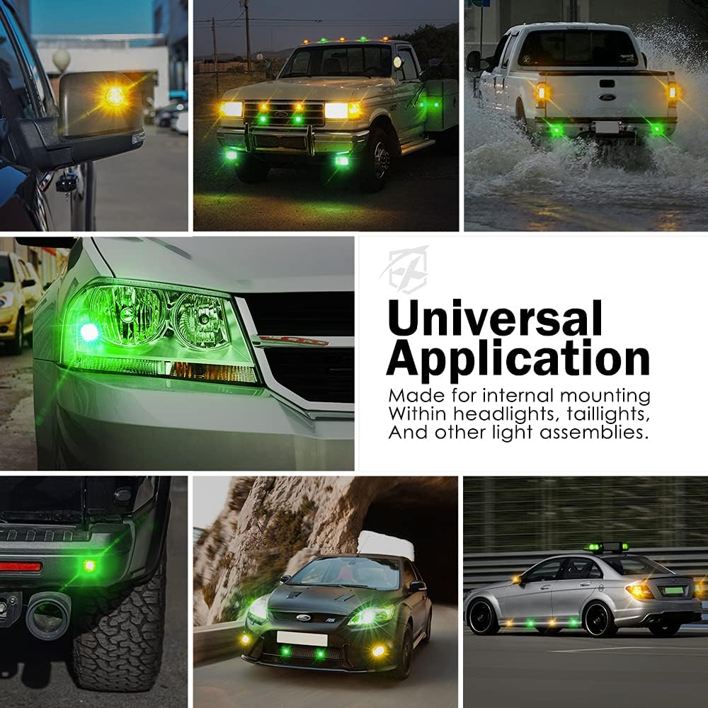 Xprite Amber Green LED Hideaway Strobe Lights Kit 20 Flashing Patterns w/Control Panel Headlights Taillights Fog Marker Light Mounting, for Roadside Emergency Vehicles Trucks SUV Vans 12V Cars 4 PCs